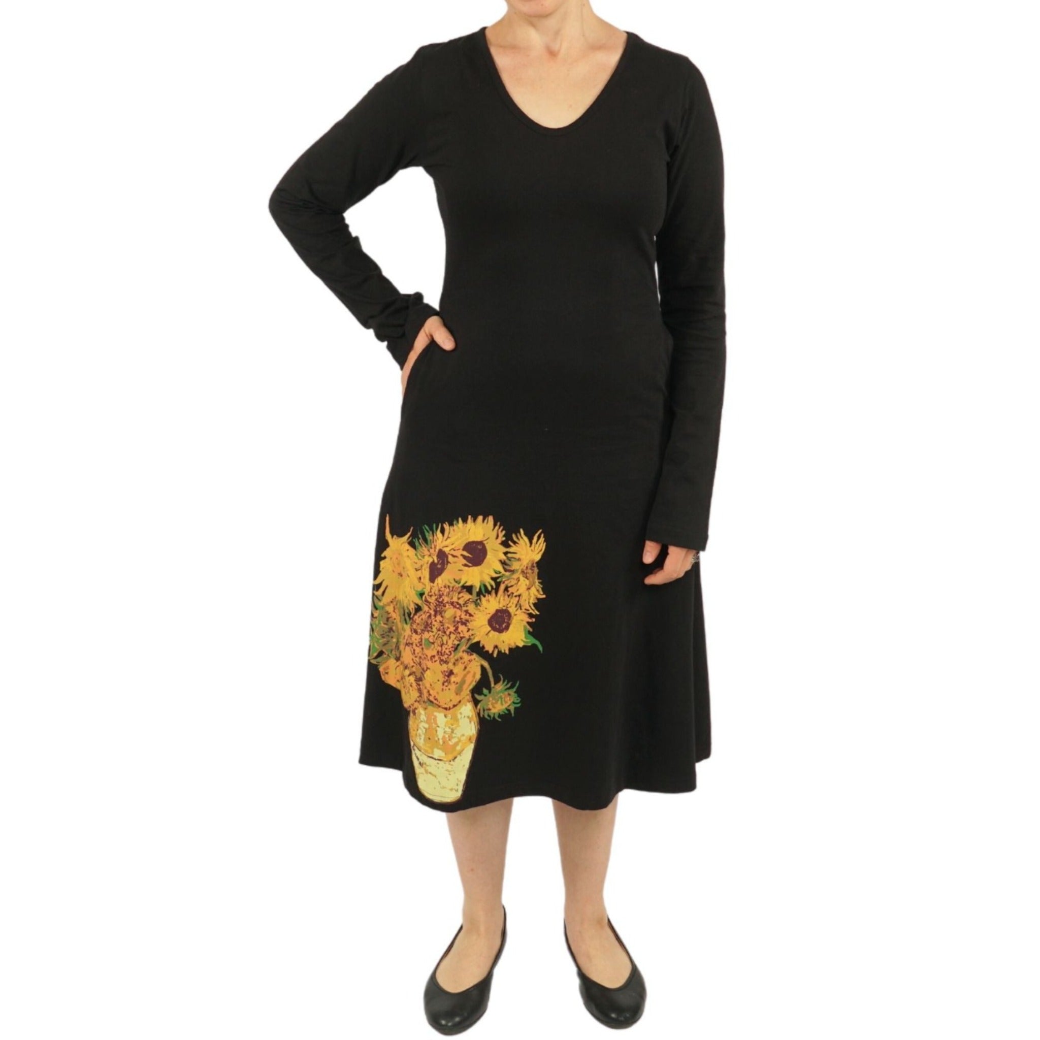 Van Gogh Sunflowers Long Sleeve A-Line Dress (No Waist Seam)