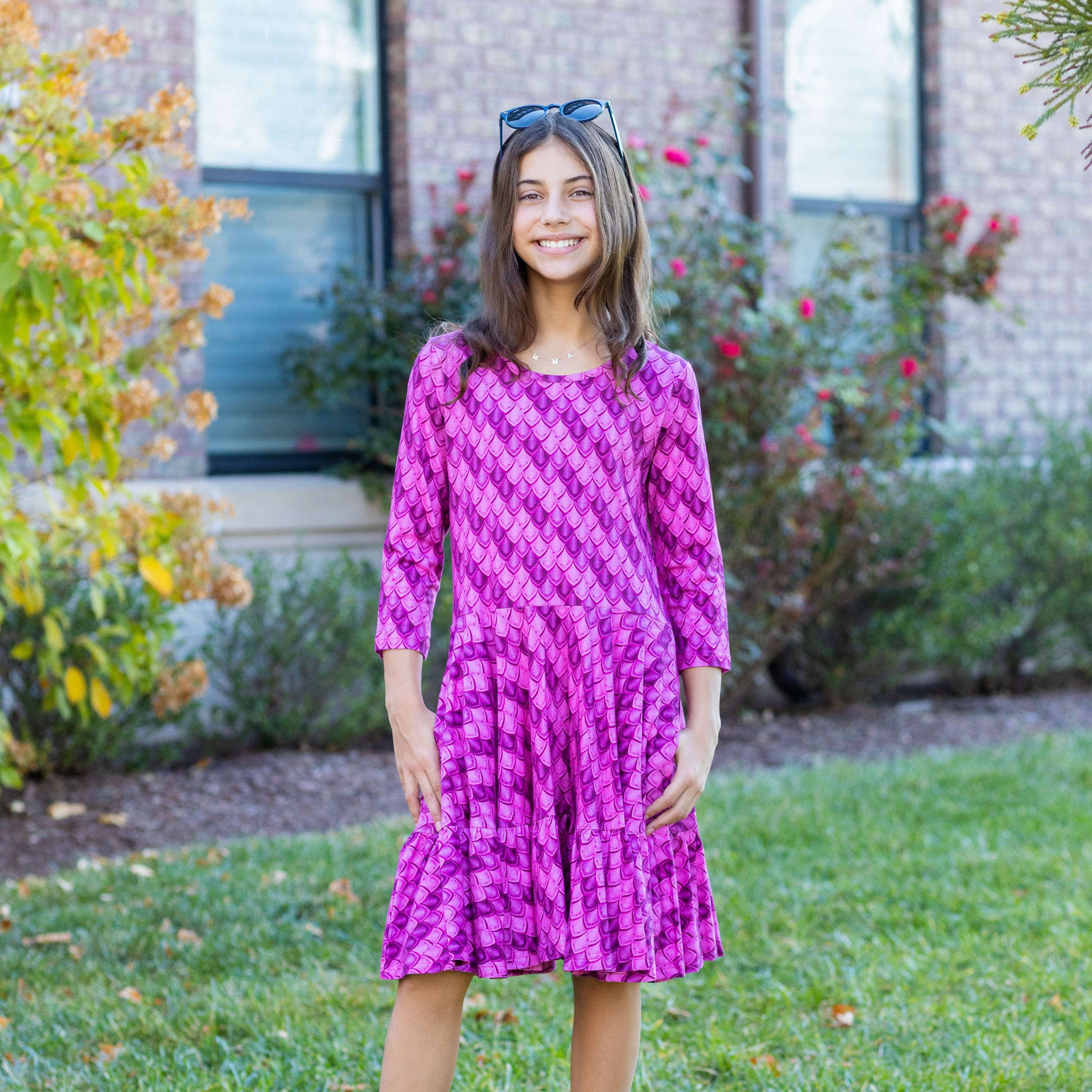 Dragon Scales 3/4th Sleeves Kids Twirl Dress with Frill