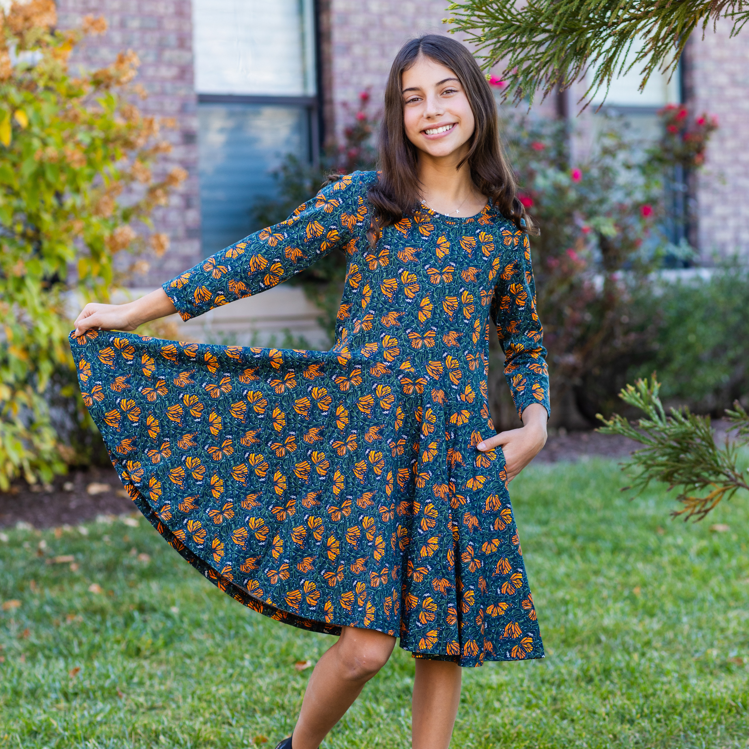 Monarch Butterflies 3/4th Sleeves Kids Twirl Dress