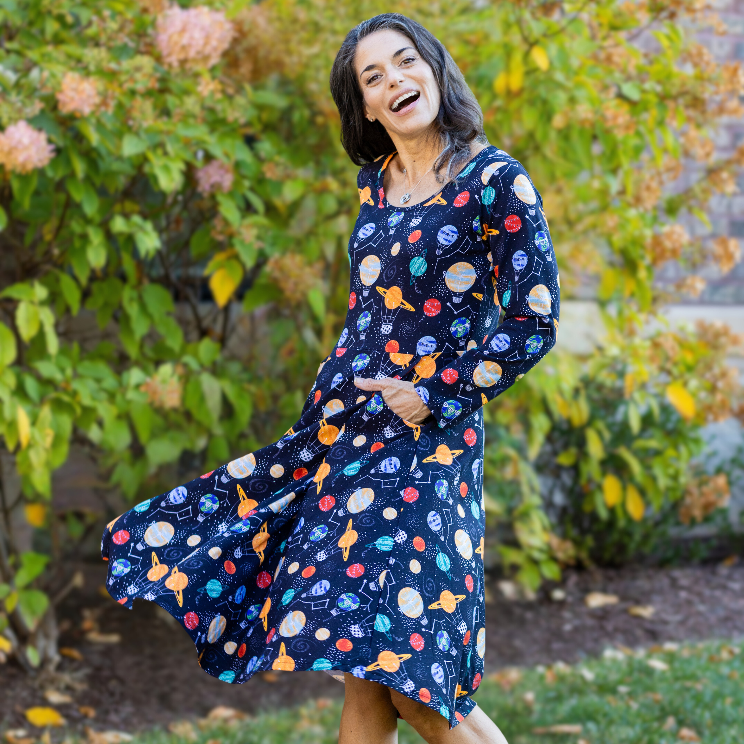 Planet Balloons Long Sleeve Twirl Dress