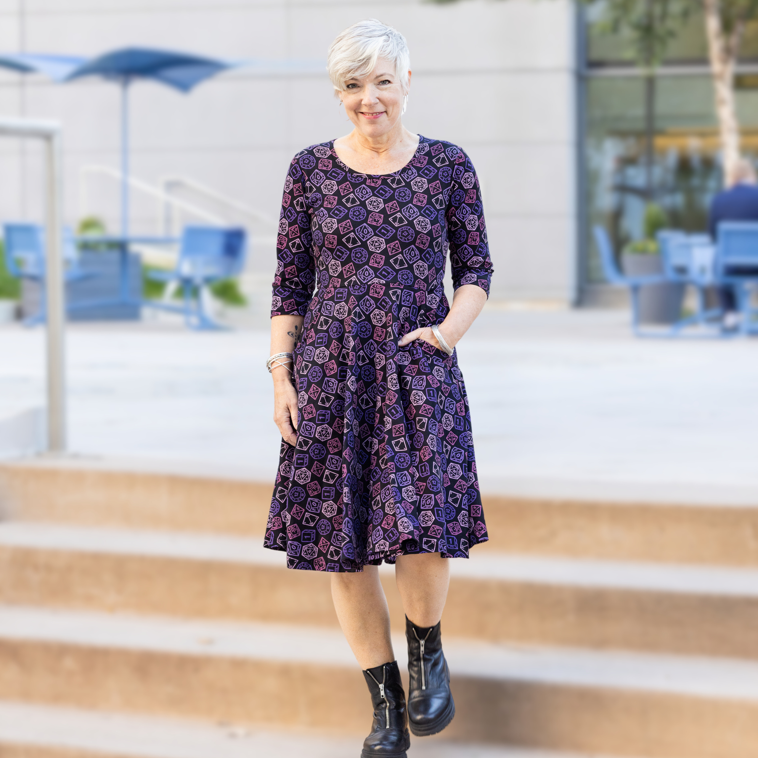 Purple Dice 3/4th Sleeves Twirl Dress