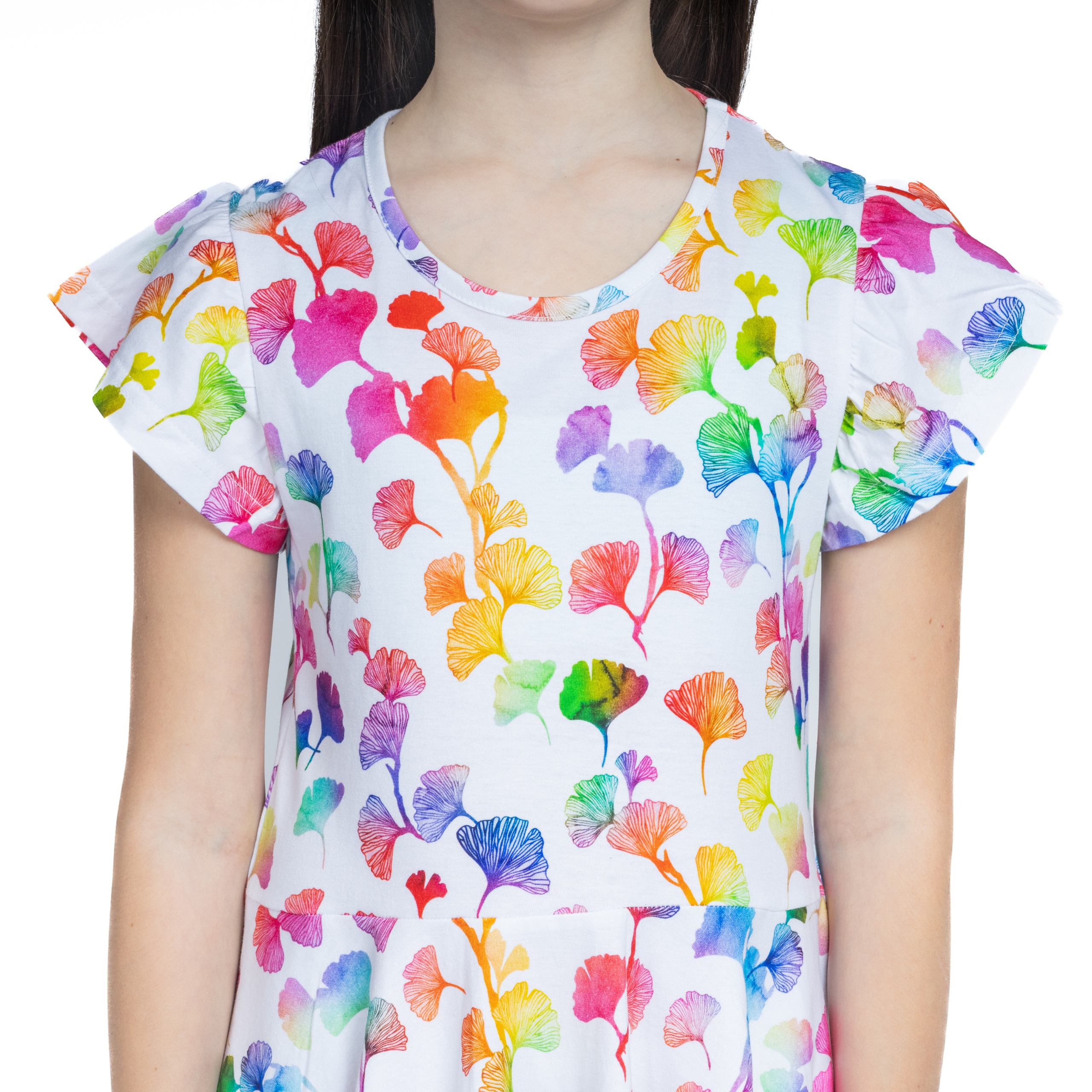 Rainbow Ginkgo Leaves Kids Twirl Dress