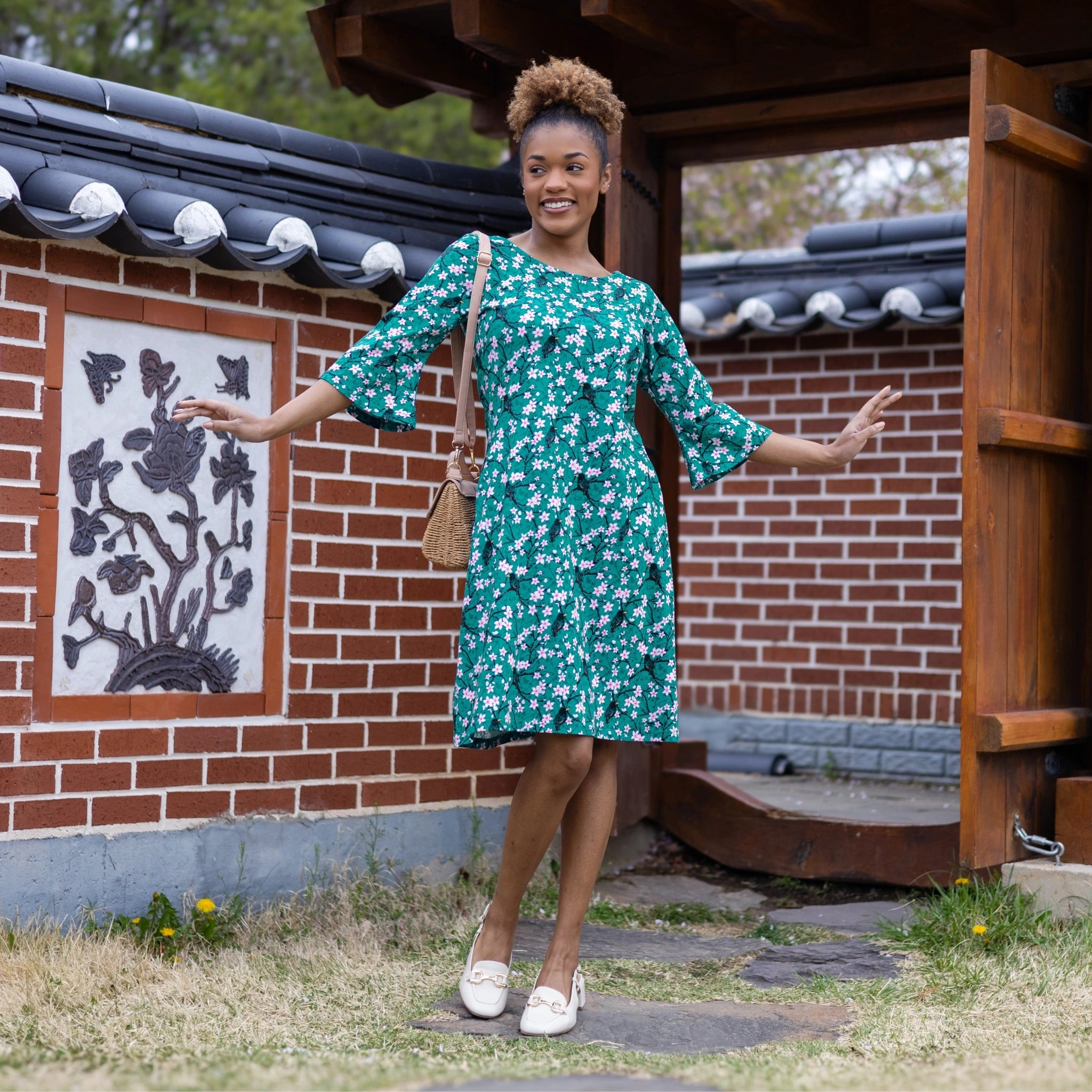 Sakura Starlings Bell Sleeve A-Line Dress