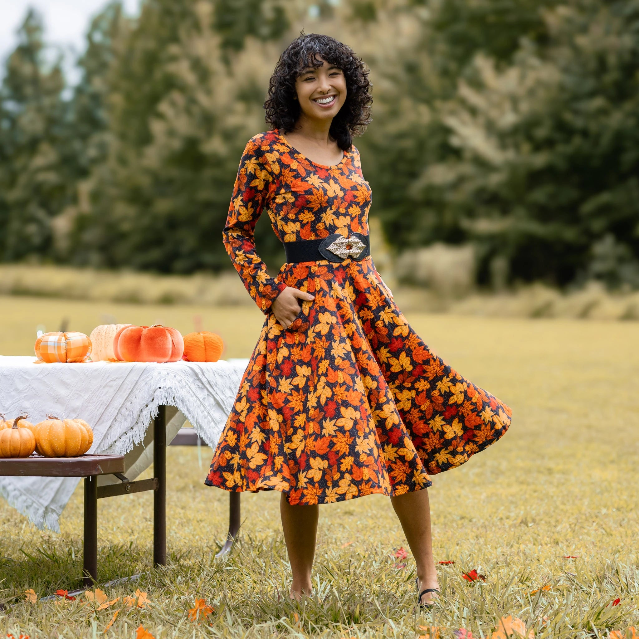 Autumn Leaves Long Sleeve Twirl Dress