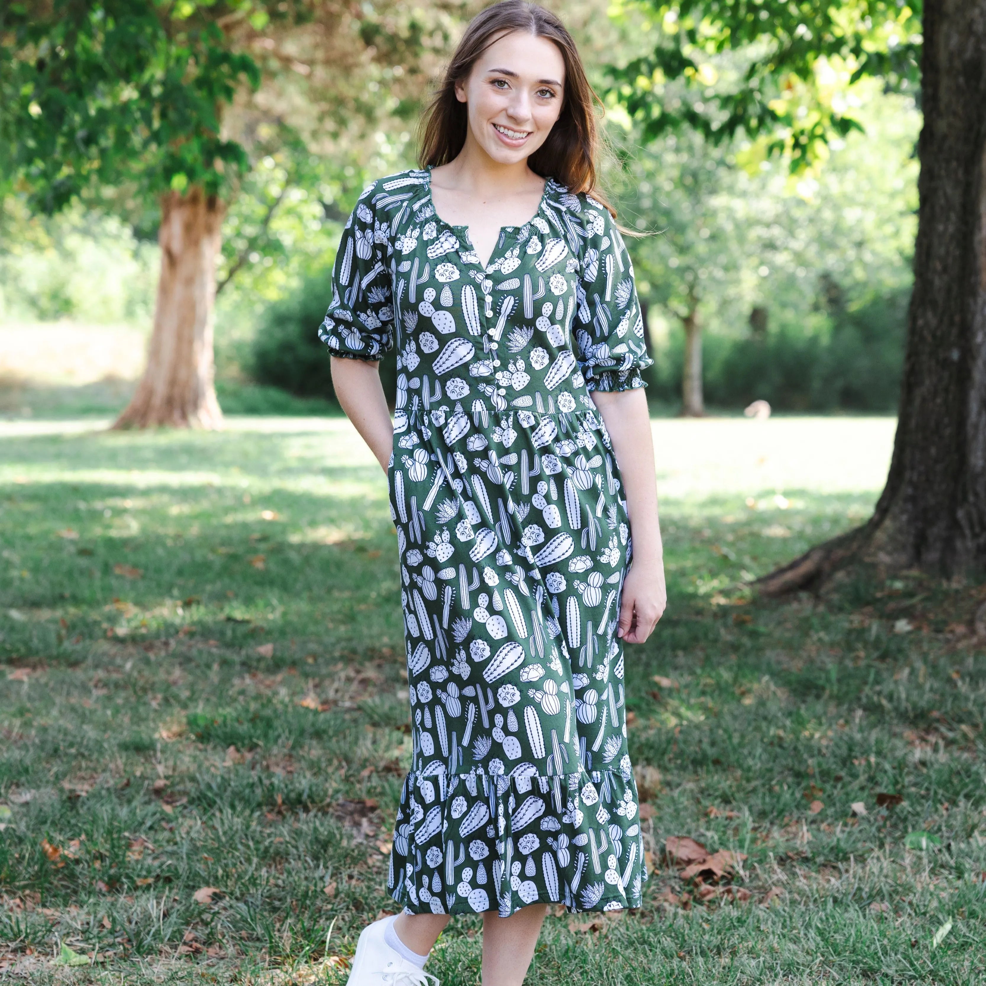 Cactus Plants Elastic Puff-Sleeves Midi Dress