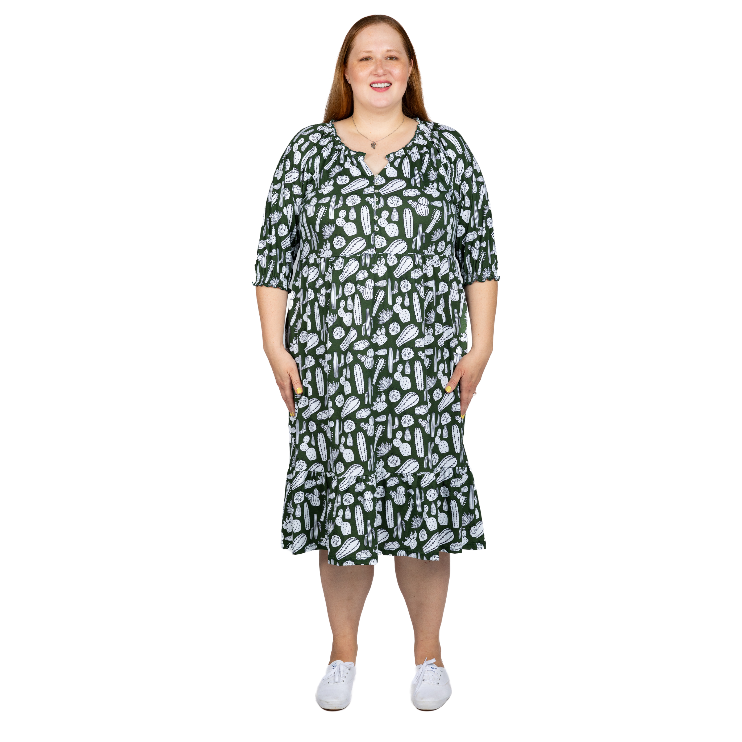 Cactus Plants Elastic Puff-Sleeves Midi Dress