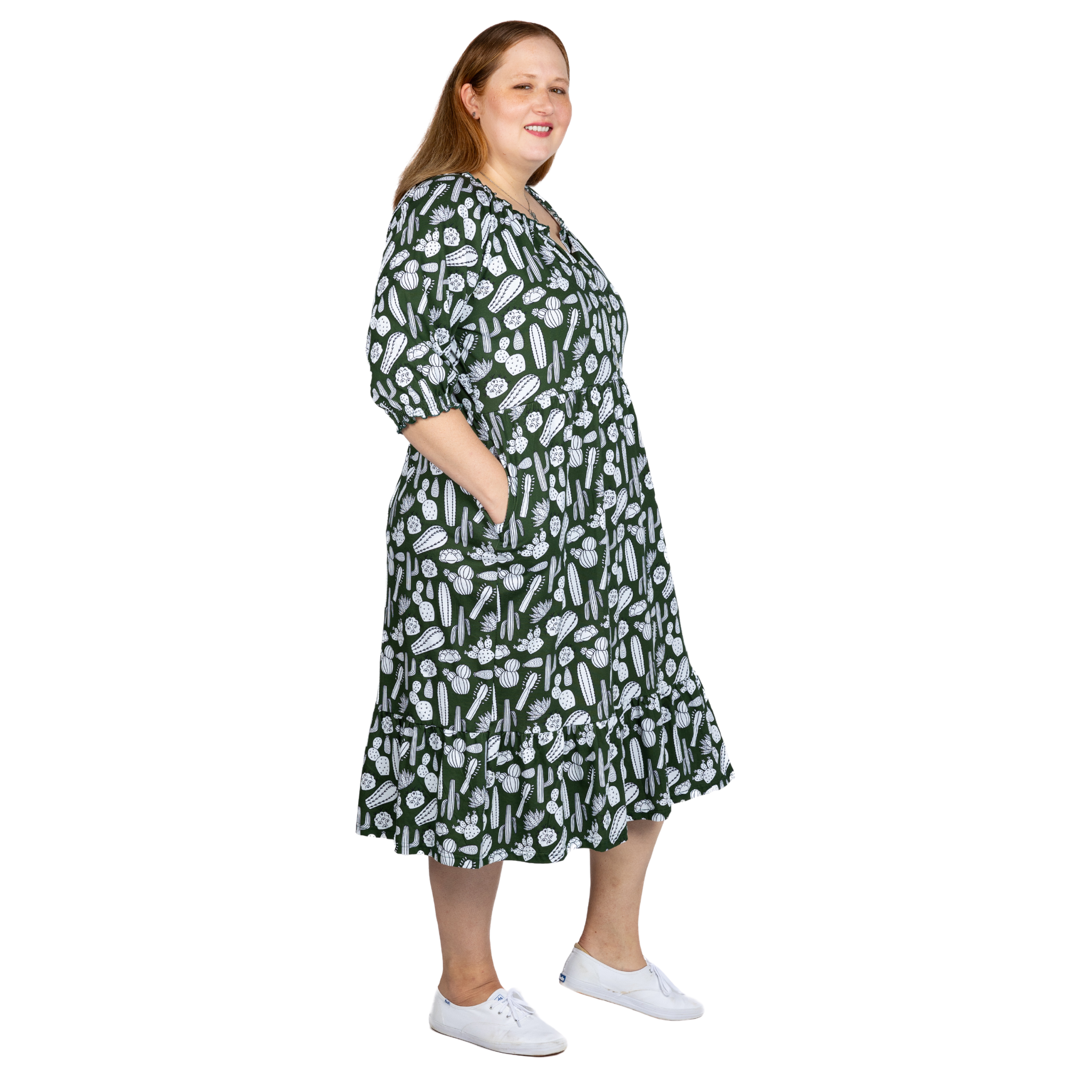 Cactus Plants Elastic Puff-Sleeves Midi Dress