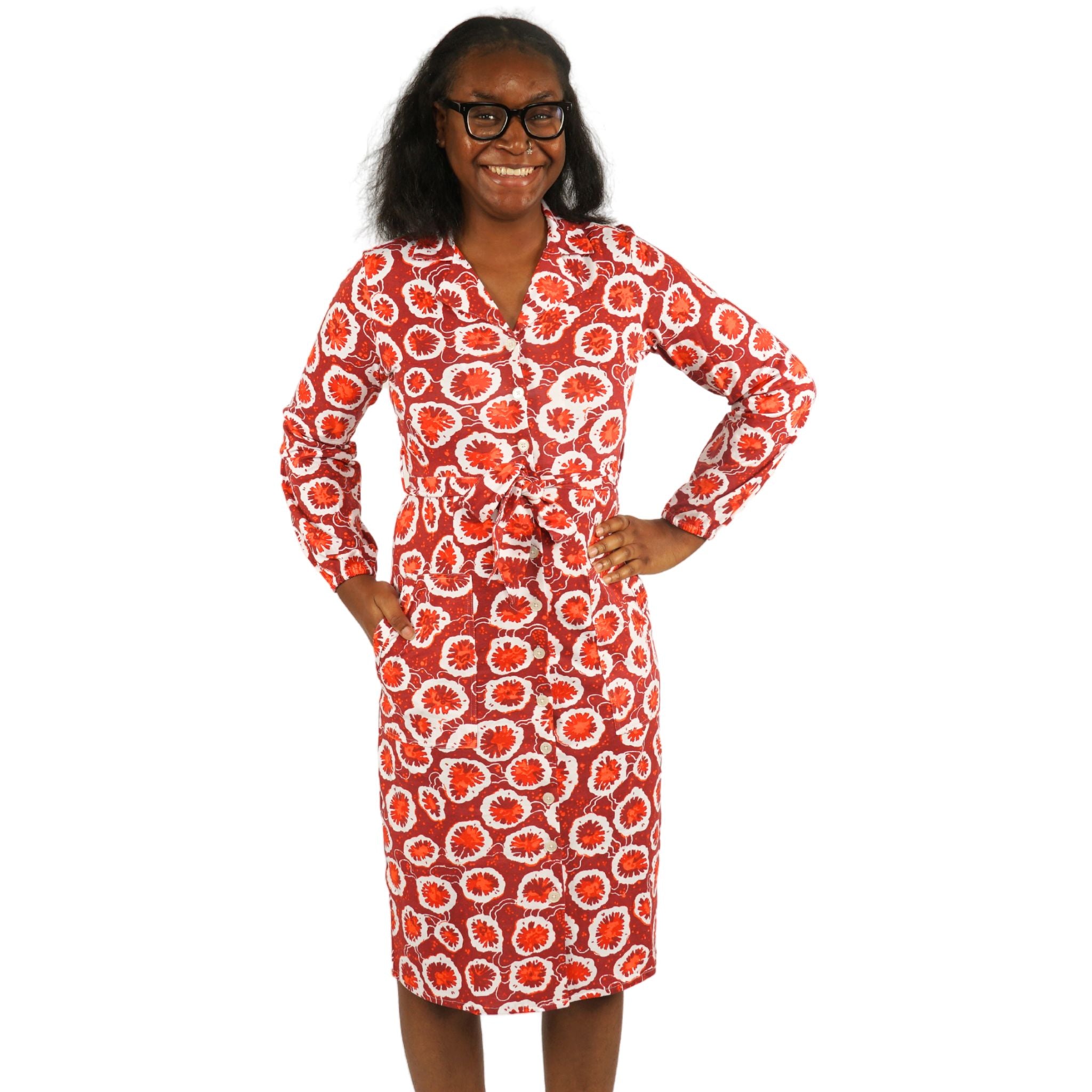 Coral Cross Section Belted Button-Up Dress
