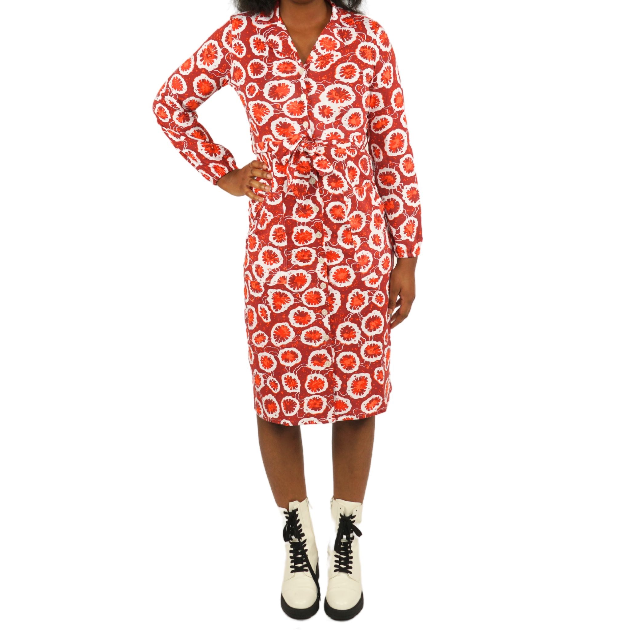 Coral Cross Section Belted Button-Up Dress