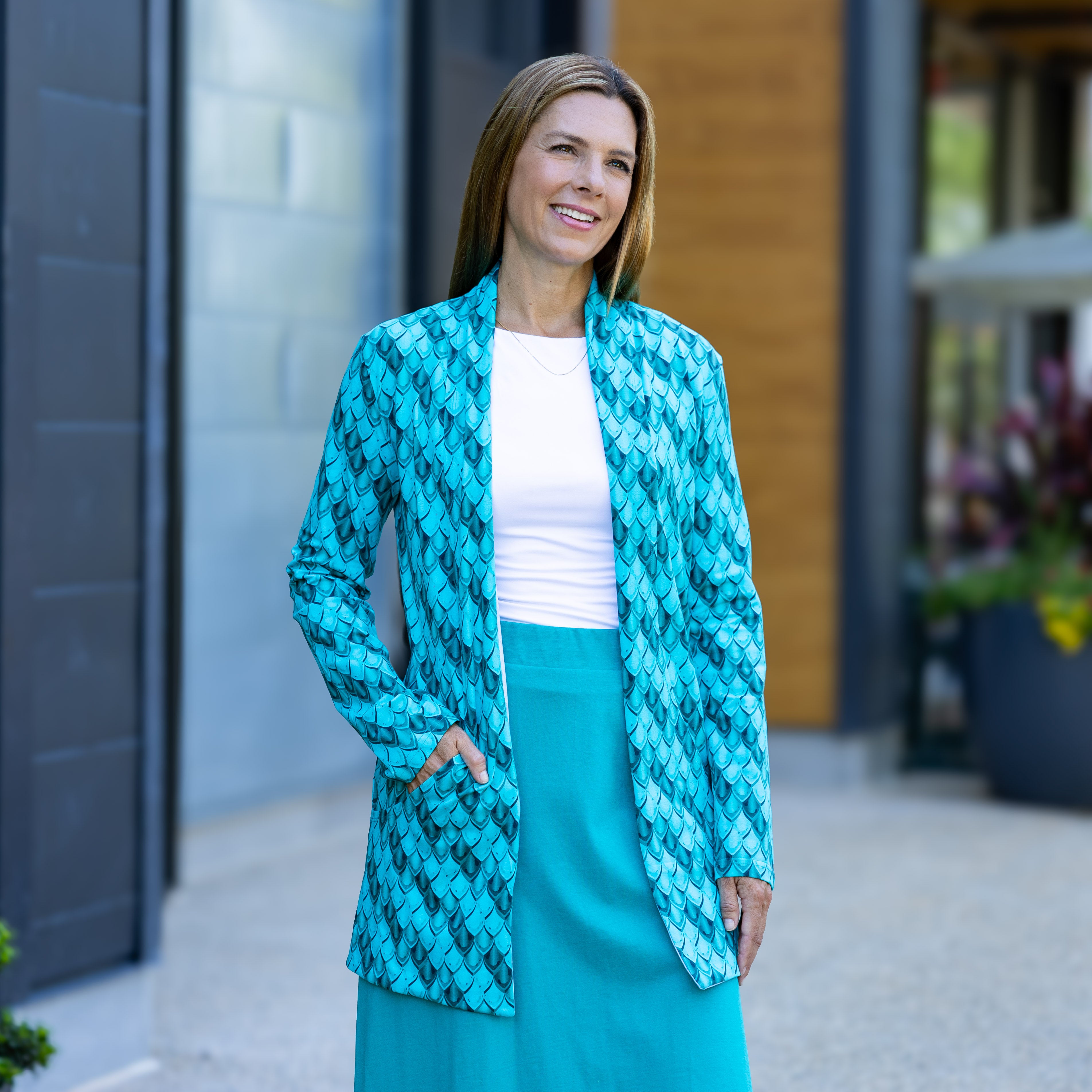 Teal Dragon Scales Printed Cardigan