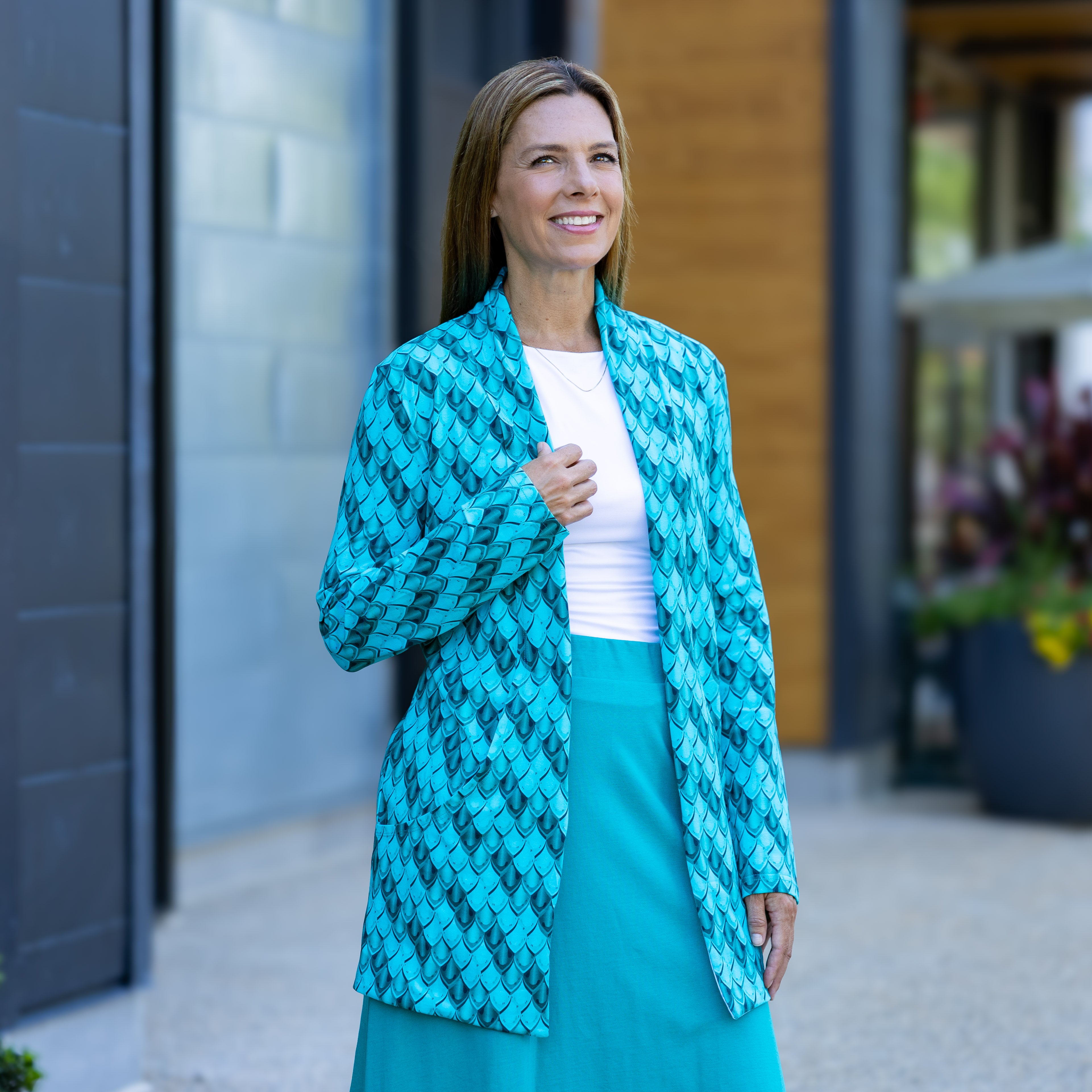 Teal Dragon Scales Printed Cardigan