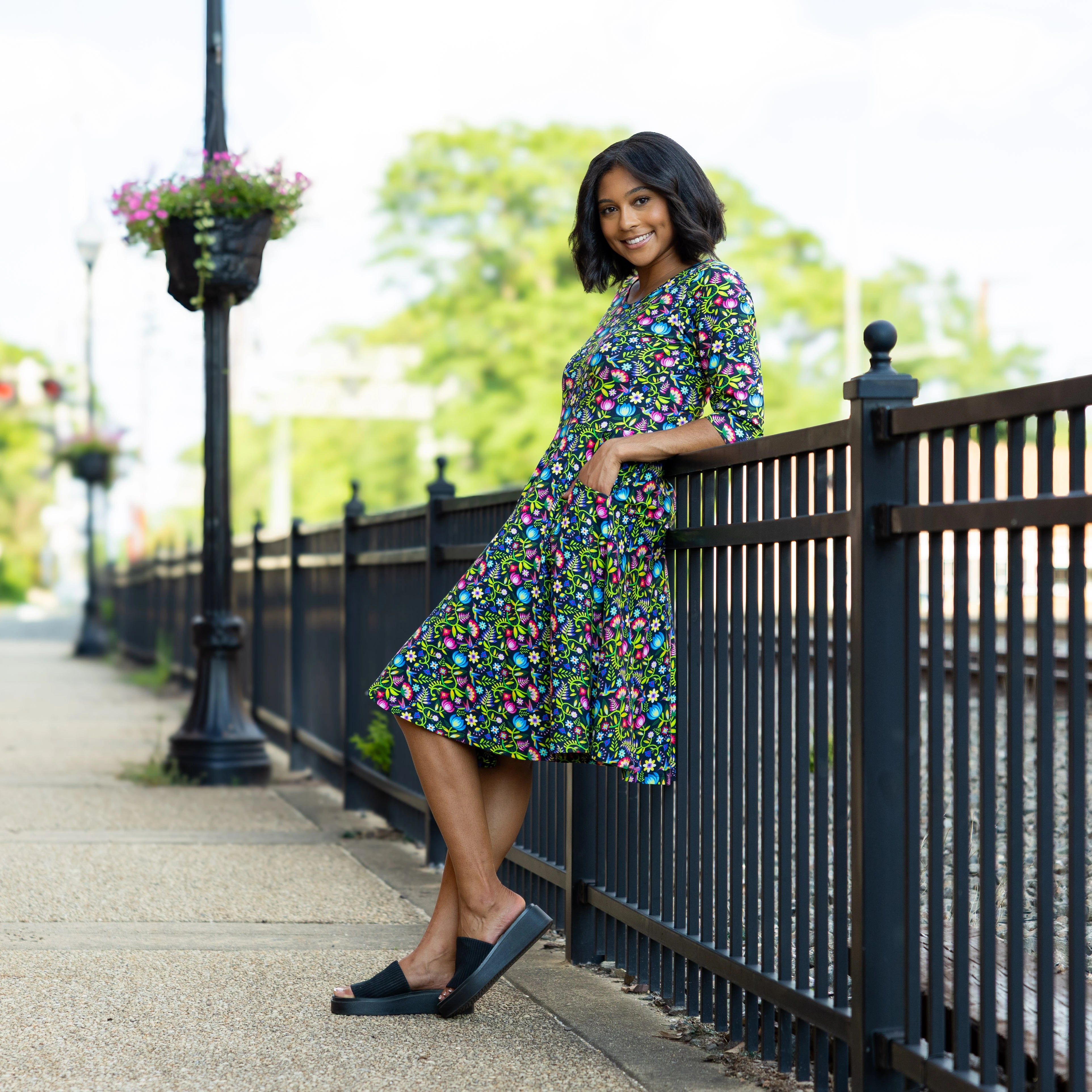 Hummingbird Paradise 3/4th Sleeves Twirl Dress