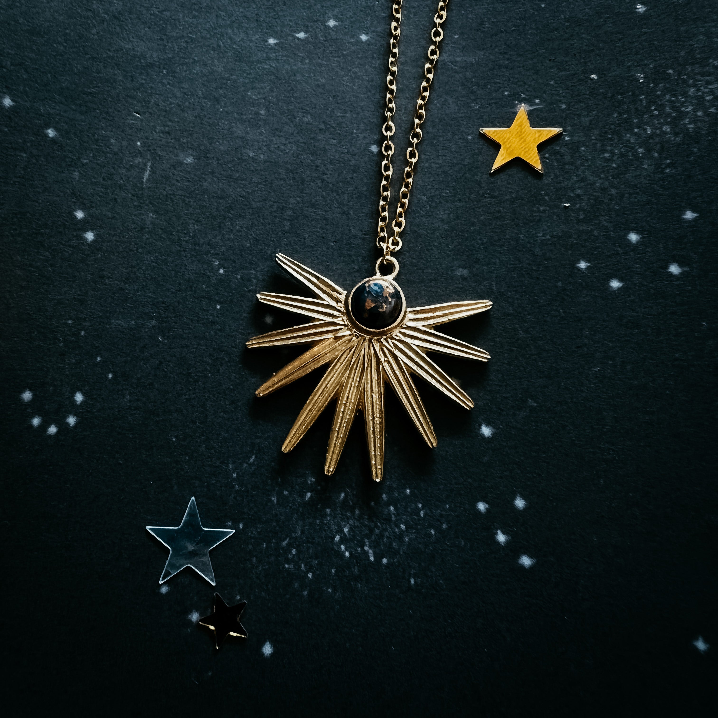 Dark Before the Dawn Sunburst Pendant Necklace with Copper Lapis Lazuli