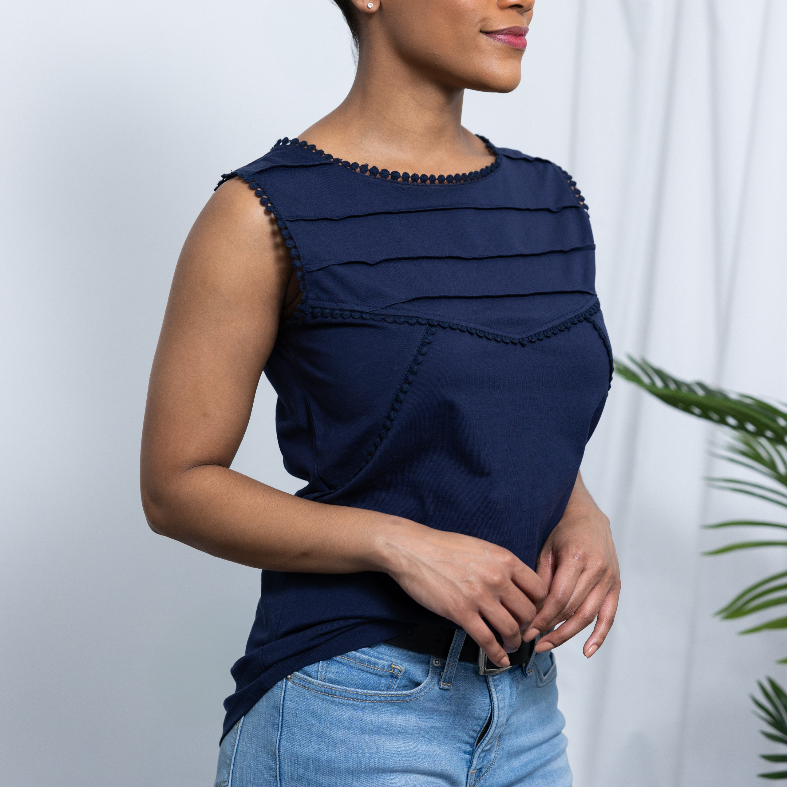 Navy Blue Embellished Sleeveless Top