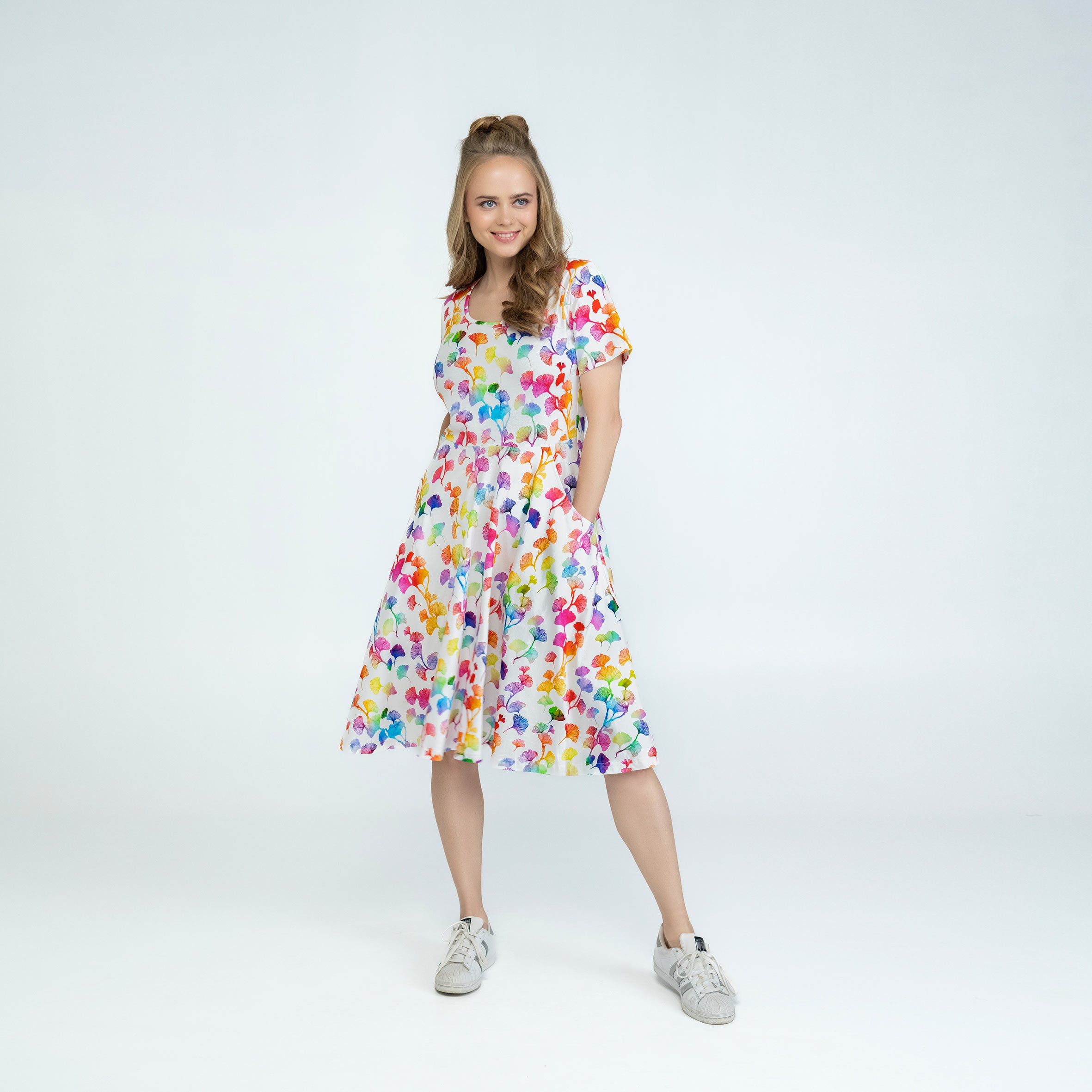 Rainbow Ginkgo Leaves Twirl Dress