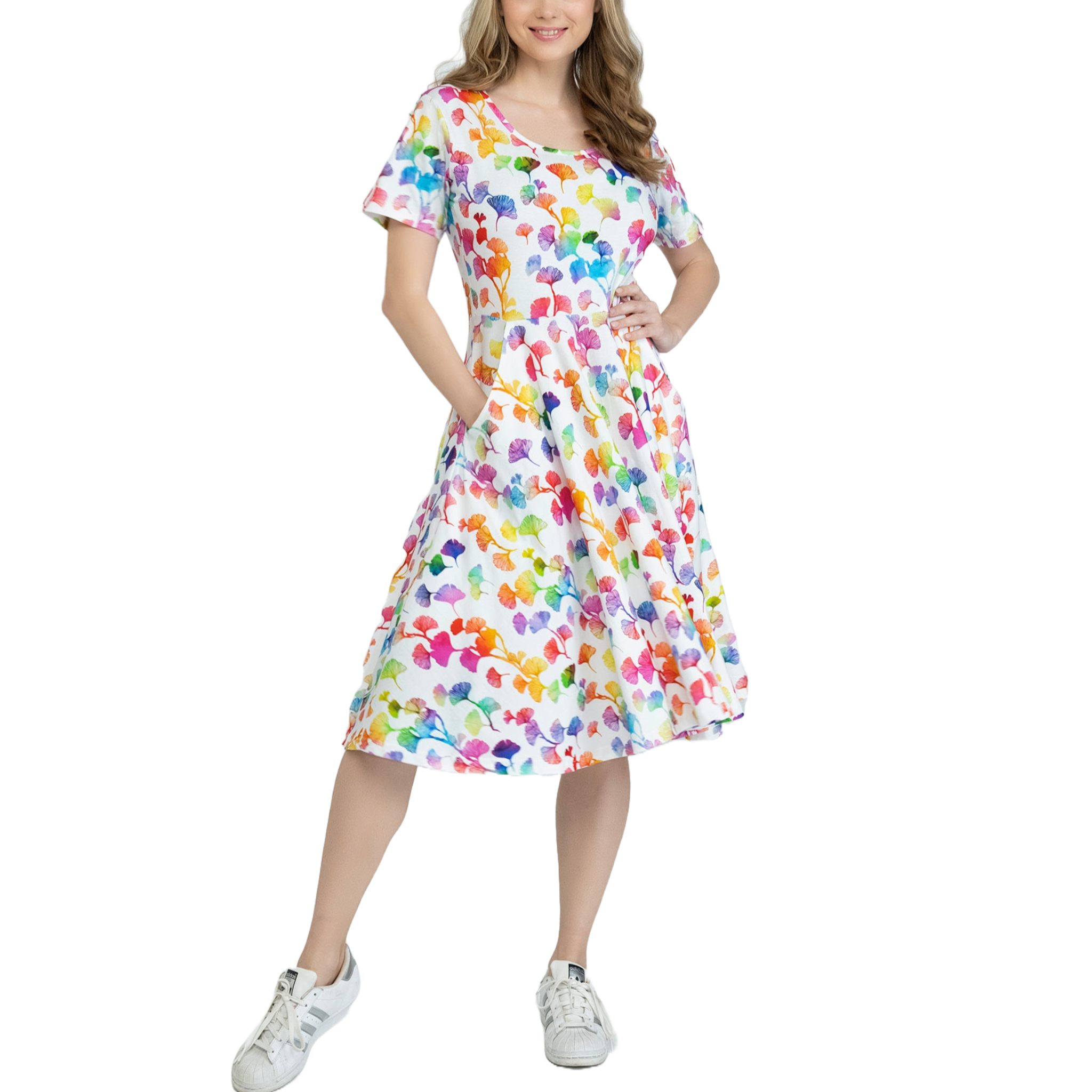 Rainbow Ginkgo Leaves Fit & Flare Dress