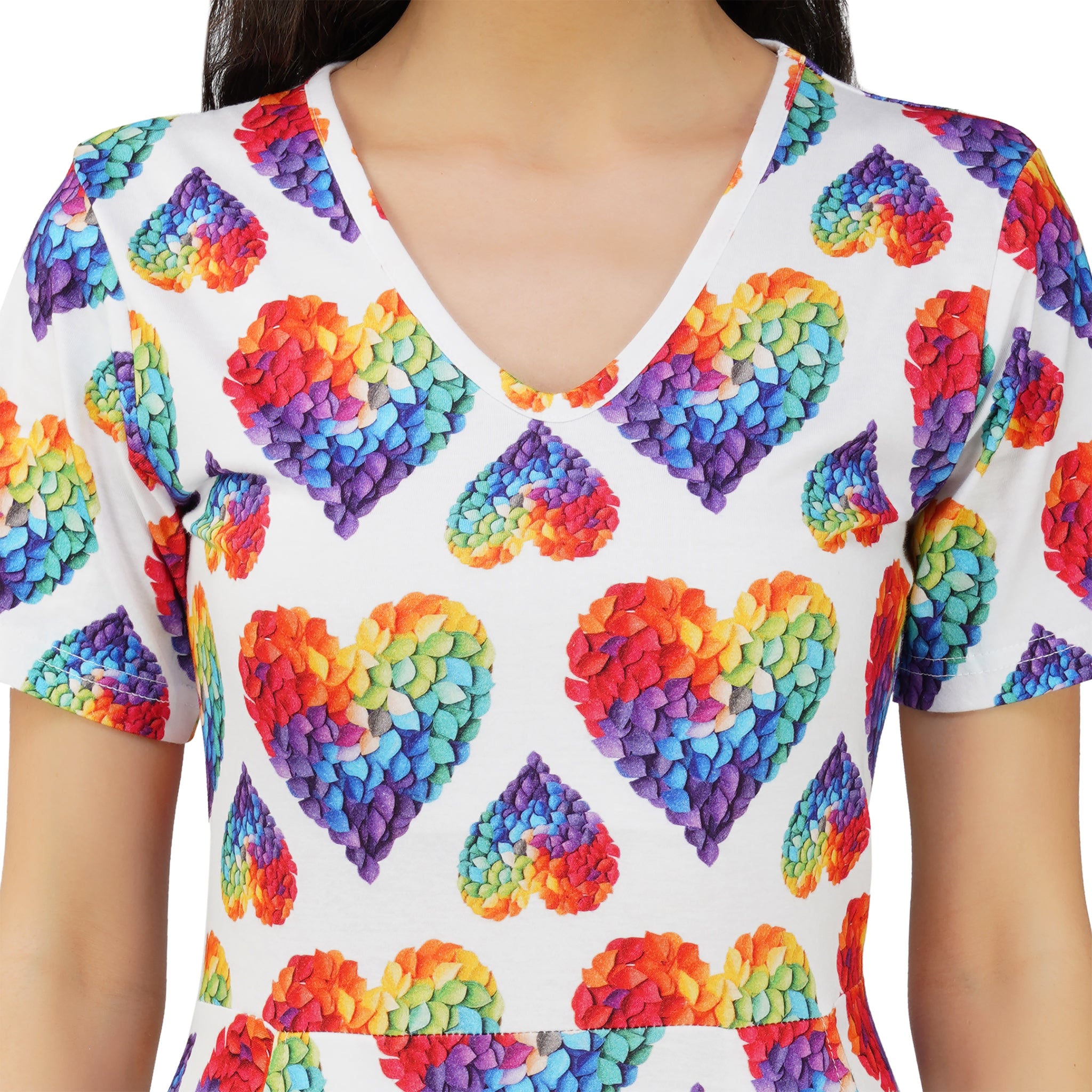 Rainbow Blossom Hearts Long Midi Dress (With Waist Seam)