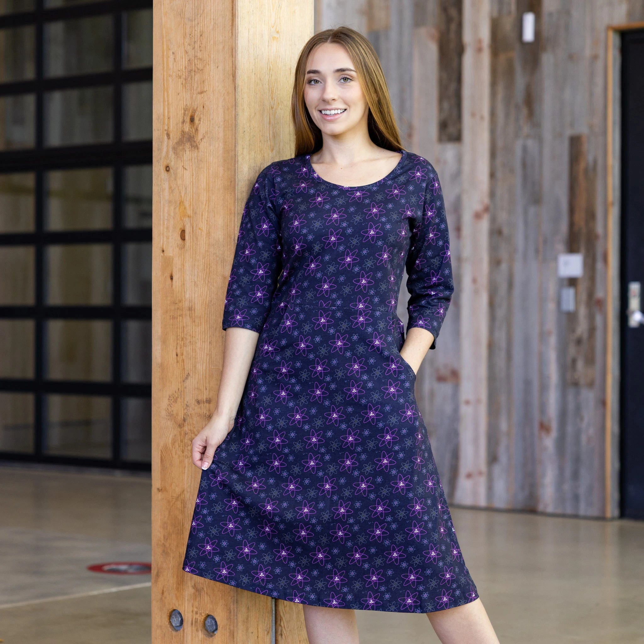 Atoms 3/4th Sleeves A-Line Dress (With Waist Seam)