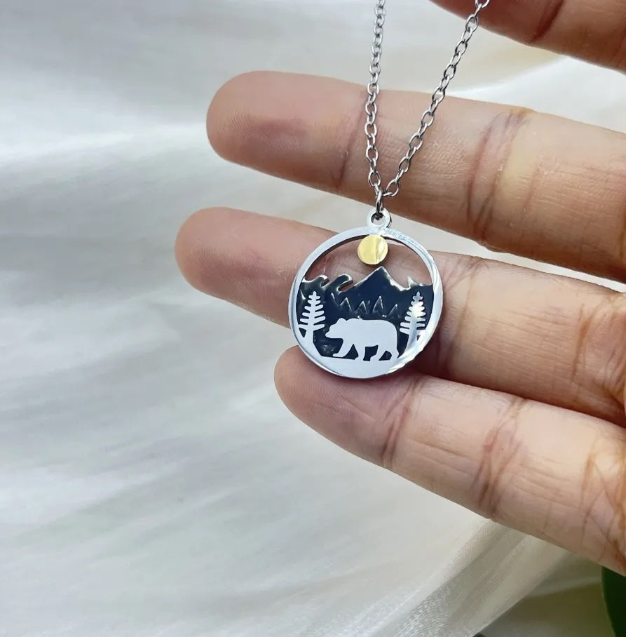 Bear & Mountains Stainless Steel Necklace