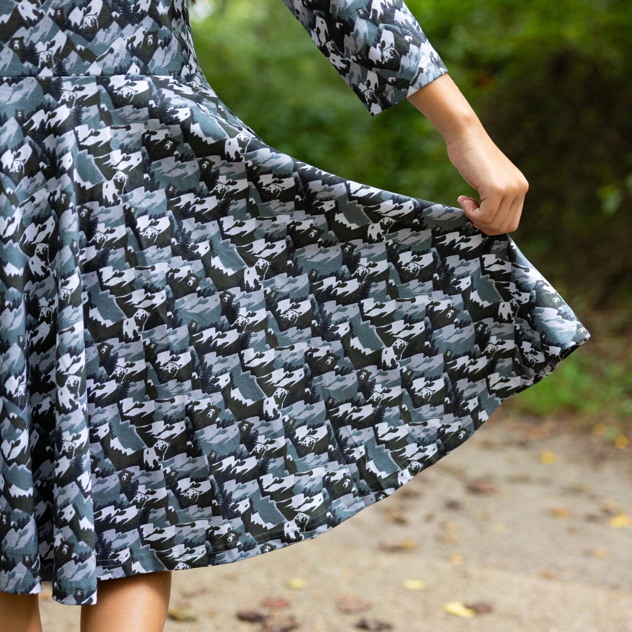 Bears and Mountains 3/4th Sleeves Kids Twirl Dress