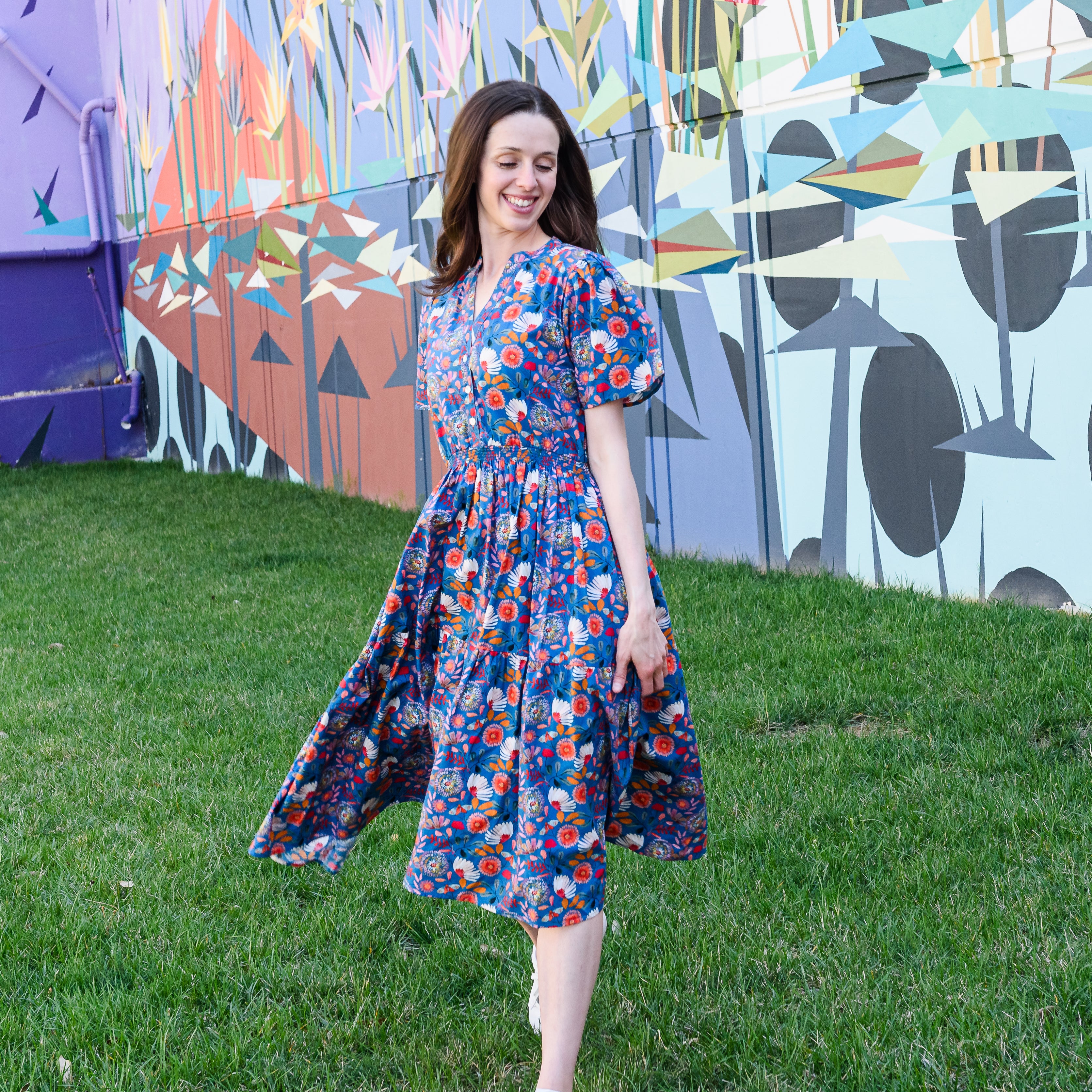 Botanical Blooms Woven Midi Dress with Pockets