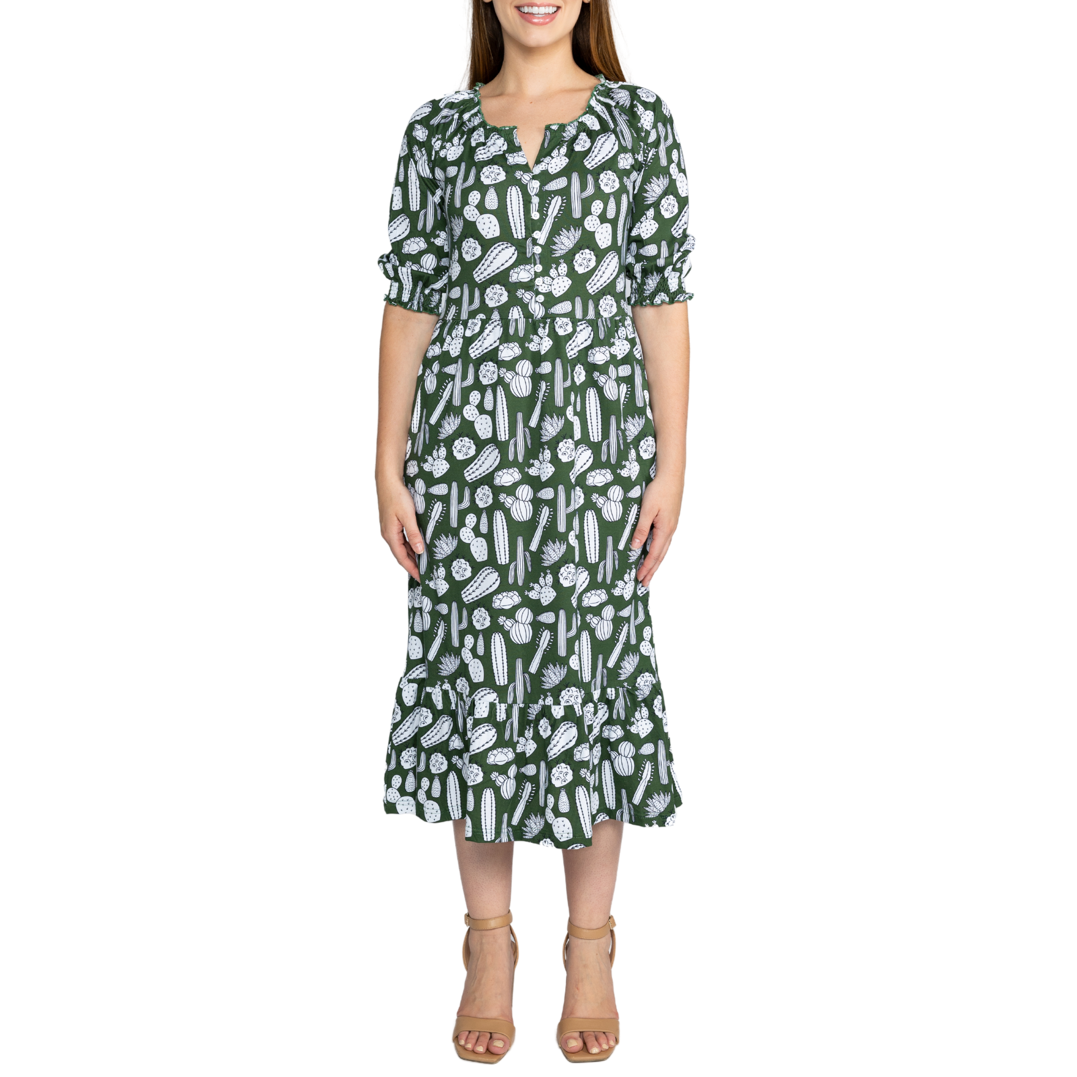 Cactus Plants Elastic Puff-Sleeves Midi Dress