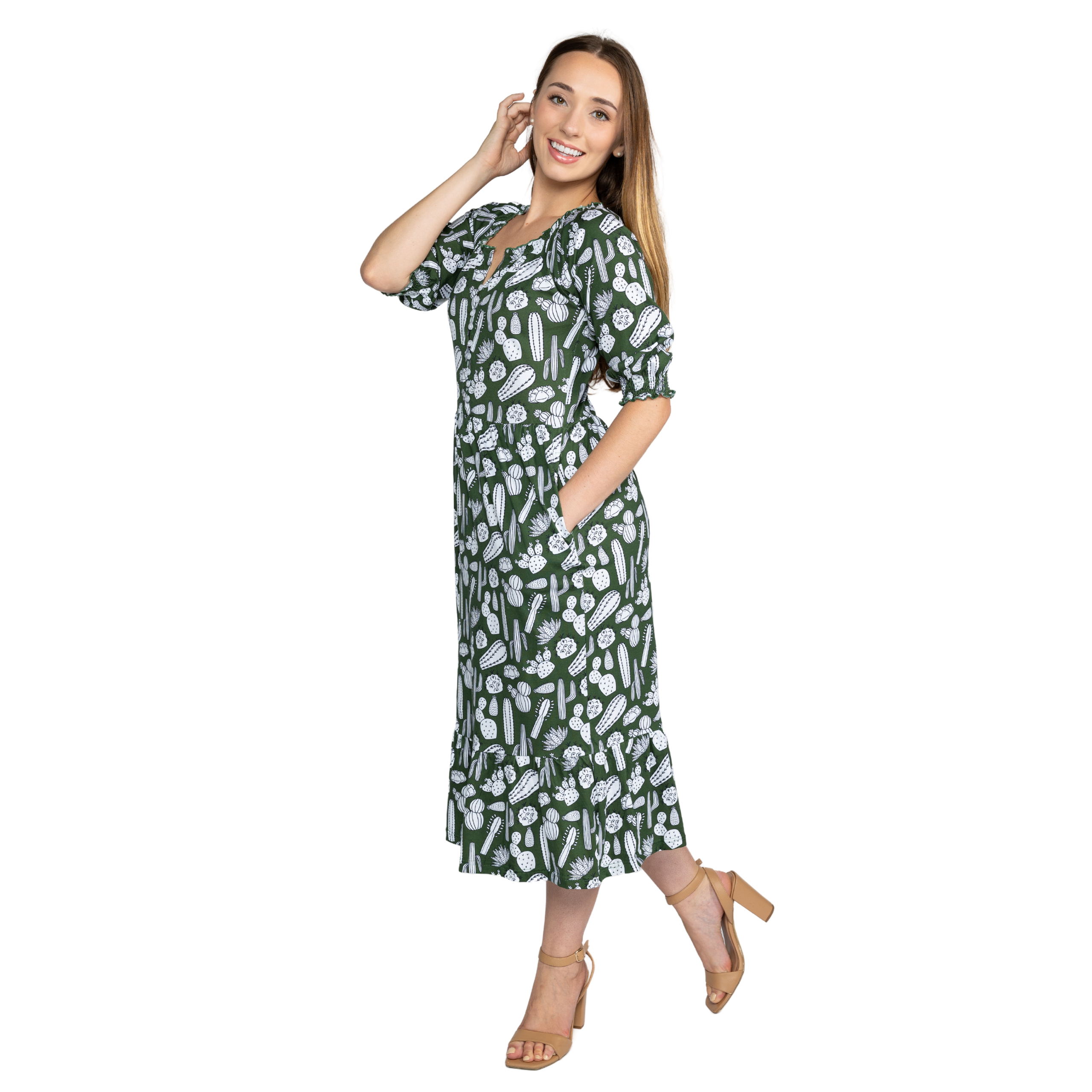 Cactus Plants Elastic Puff-Sleeves Midi Dress