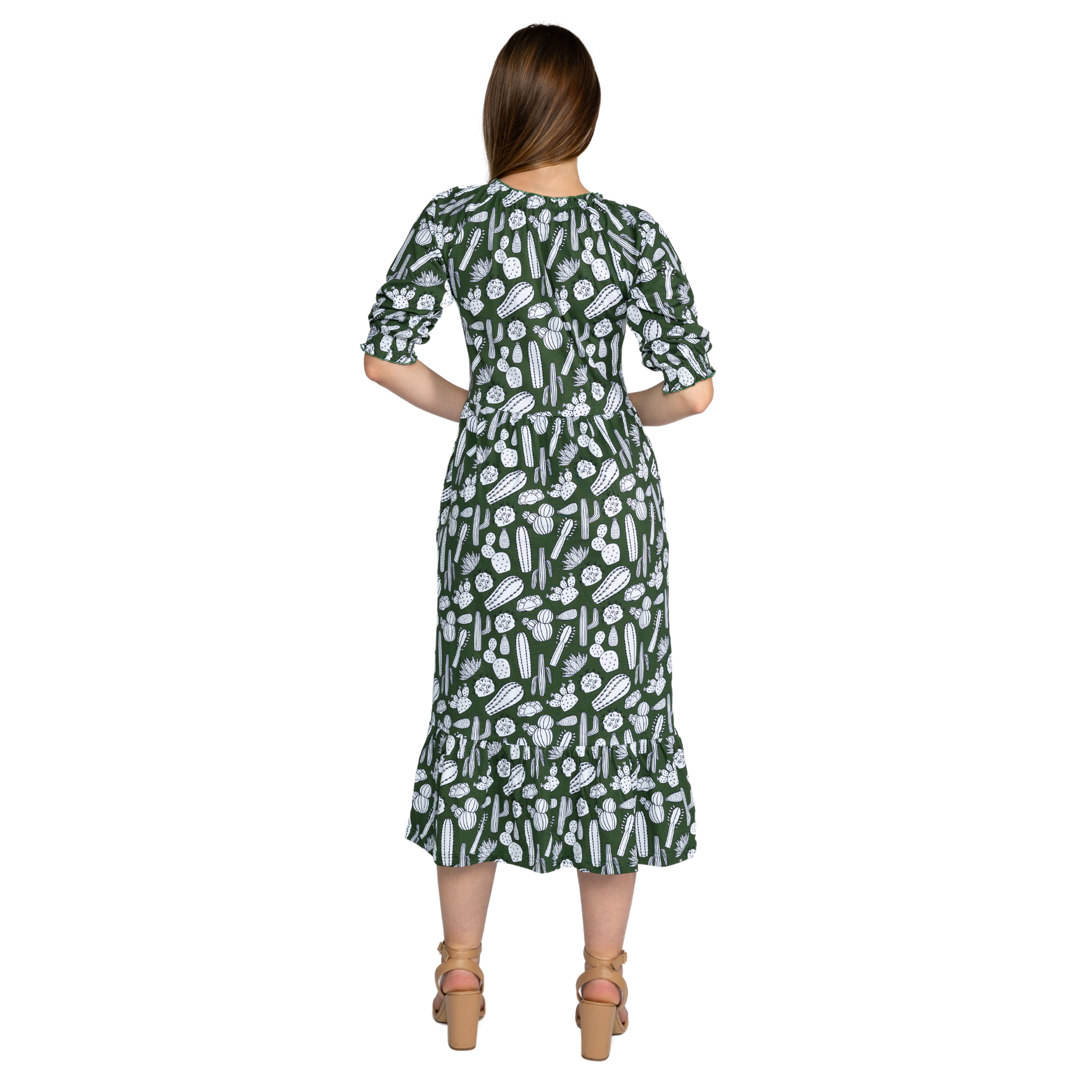 Cactus Plants Elastic Puff-Sleeves Midi Dress