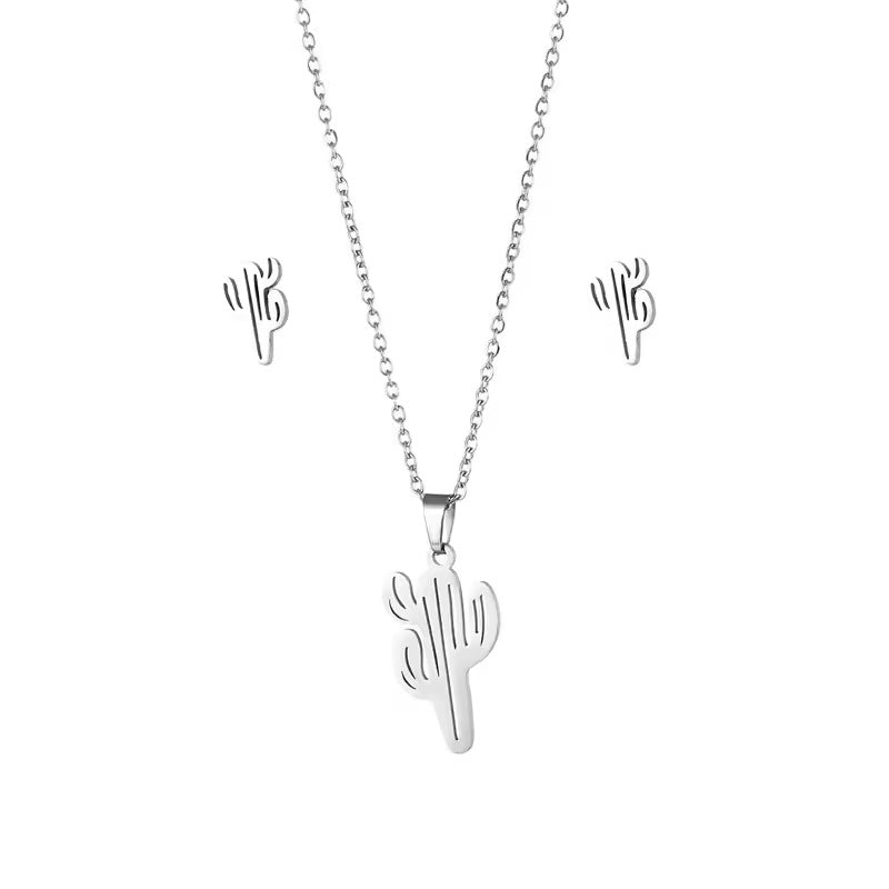 Cactus Stainless Steel Earrings & Necklace Set