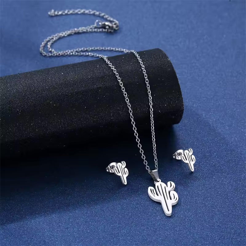 Cactus Stainless Steel Earrings & Necklace Set