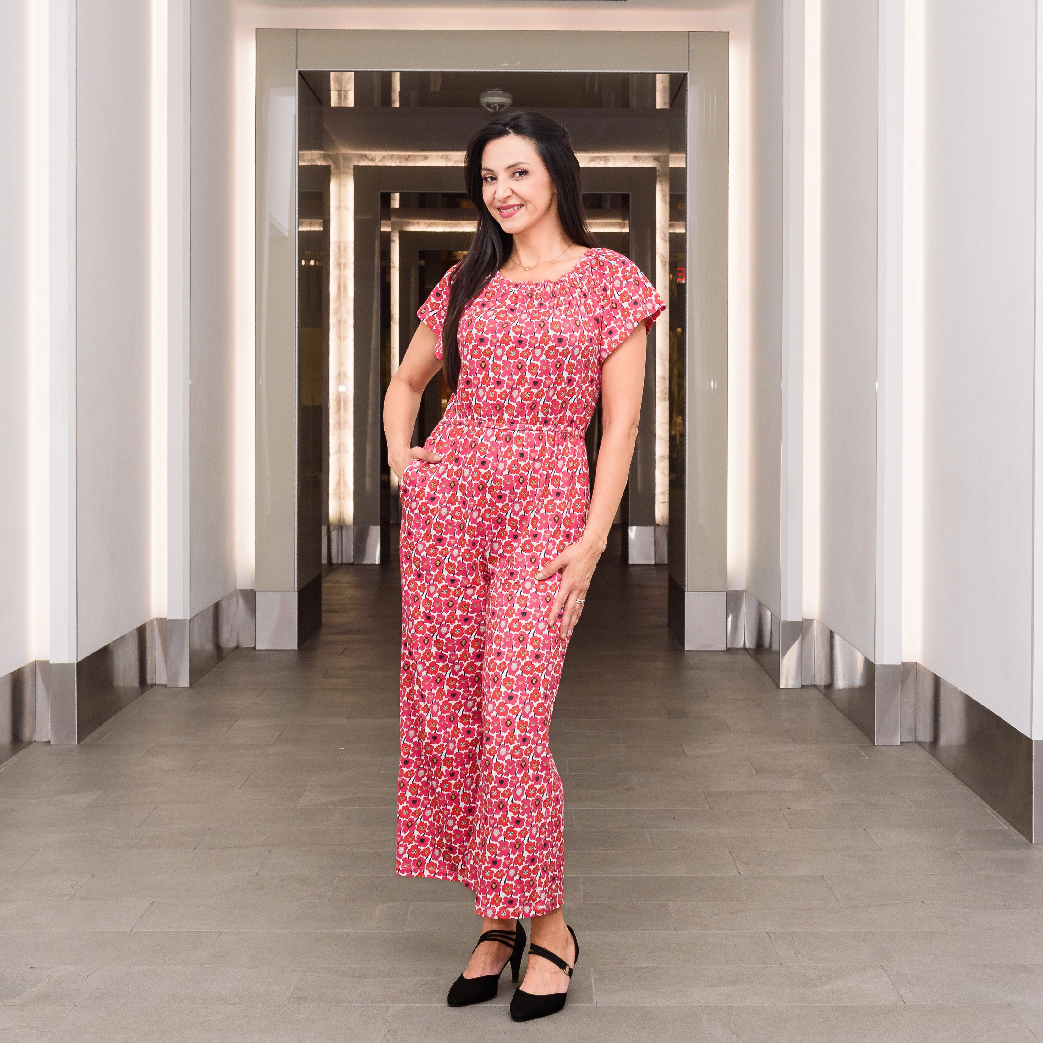 Floral Cat Family Jumpsuit with Pockets