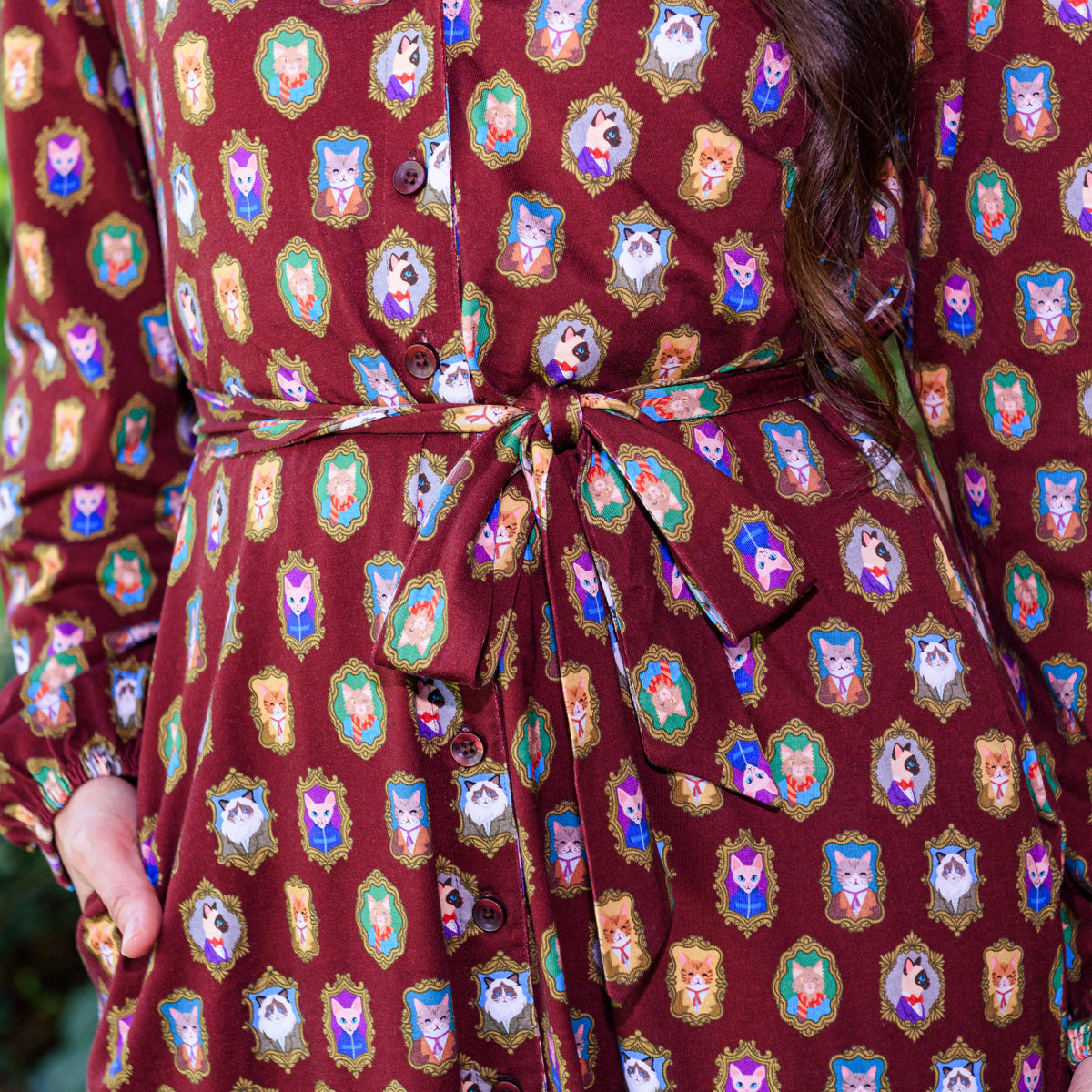 Cat Portraits Button-Up Midi Dress with Pockets