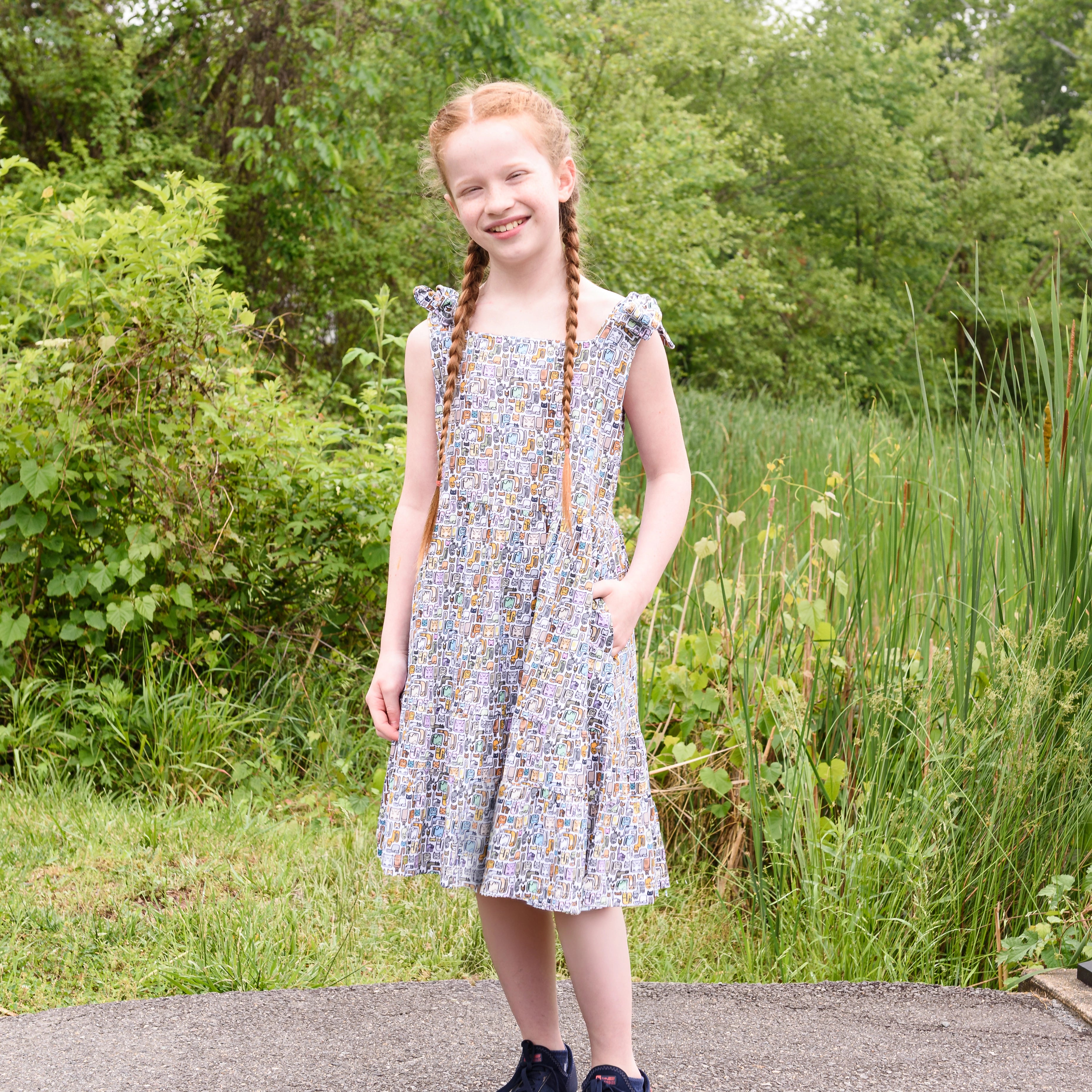 Cat Puzzle Kids Dress with Pockets