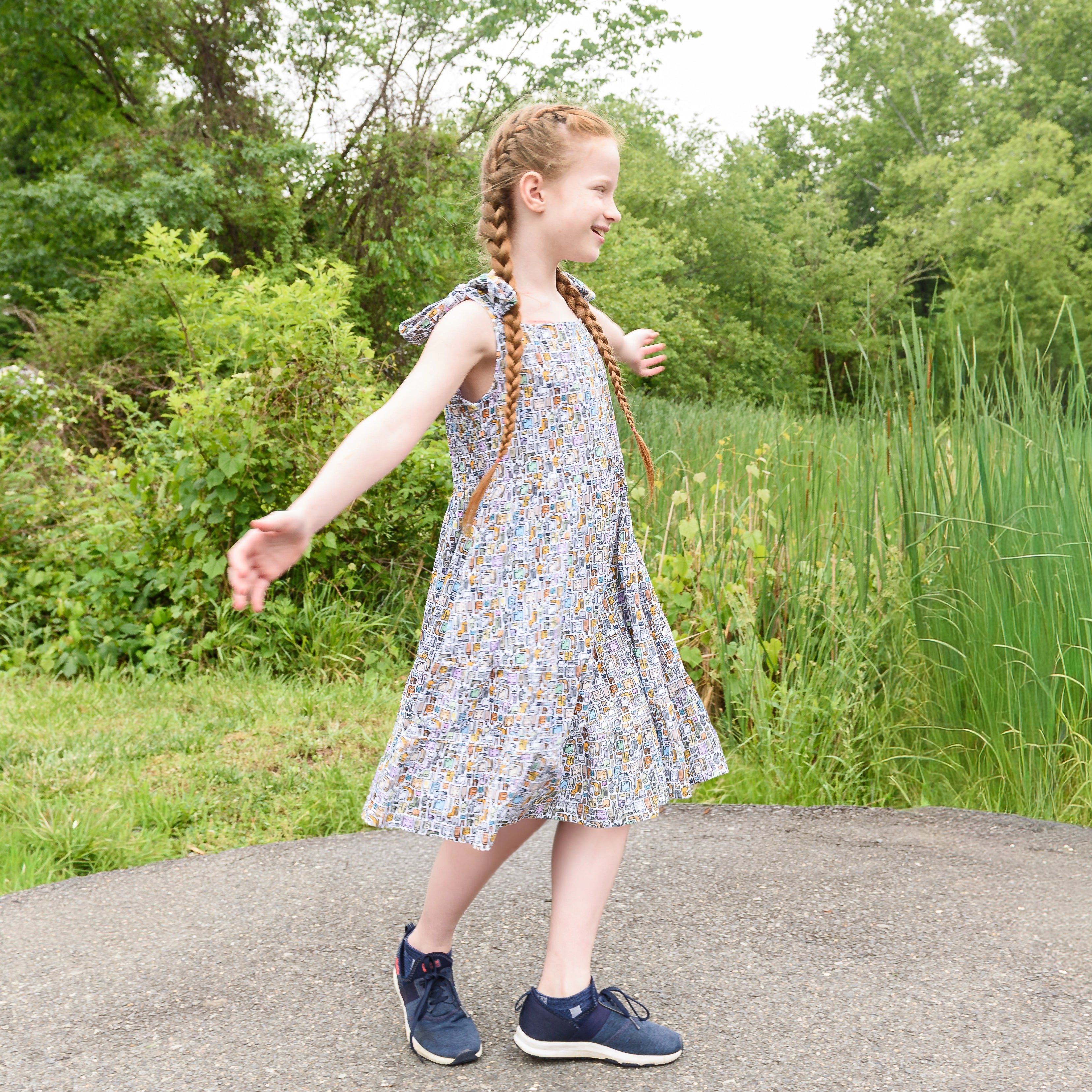Cat Puzzle Kids Dress with Pockets