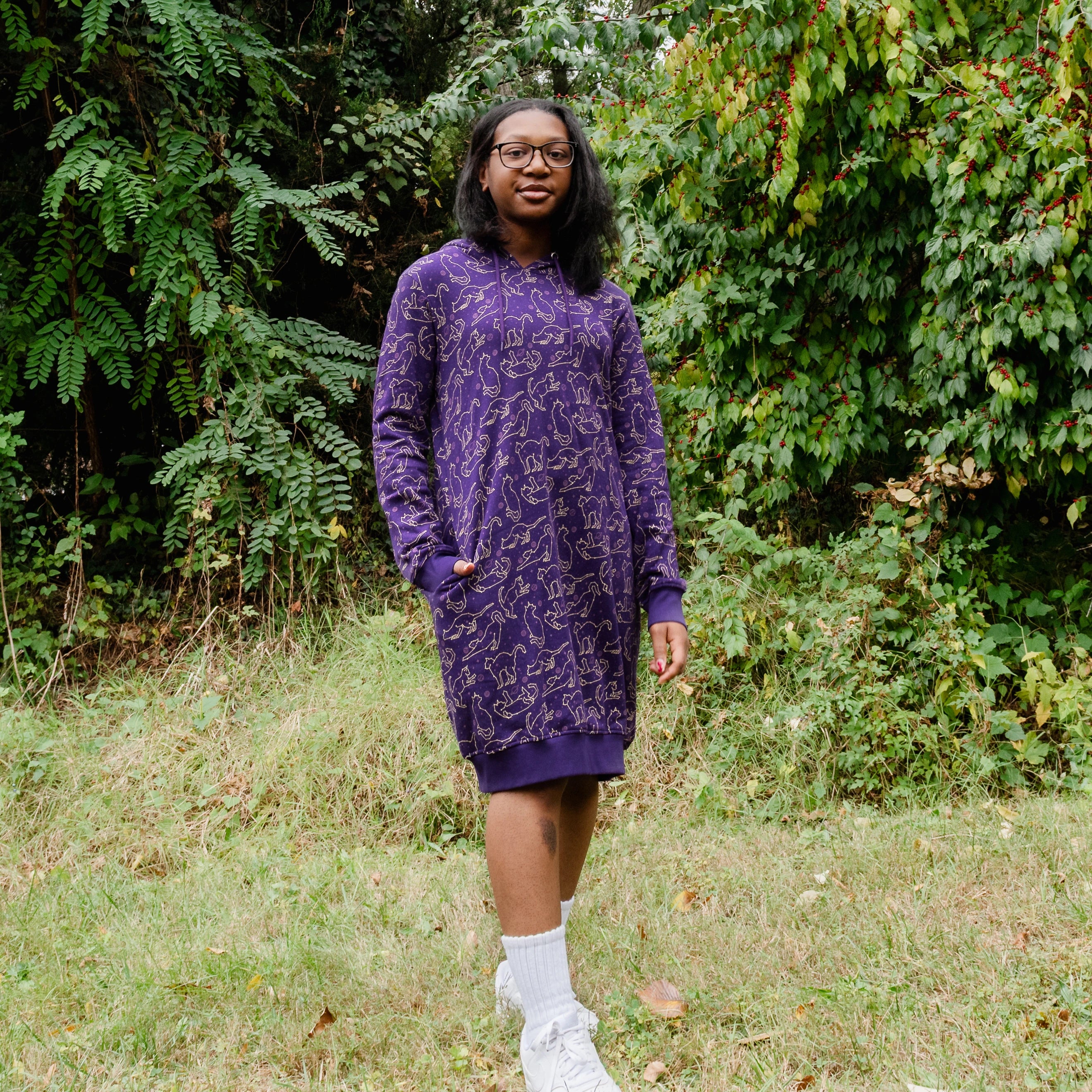 Cats Constellations Long Sleeve Hoodie Dress