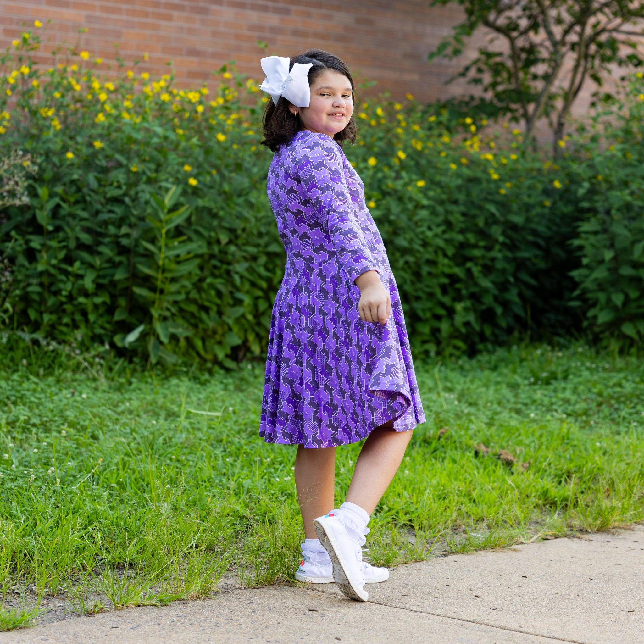 Cats Tessellation 3/4th Sleeves Kids Twirl Dress