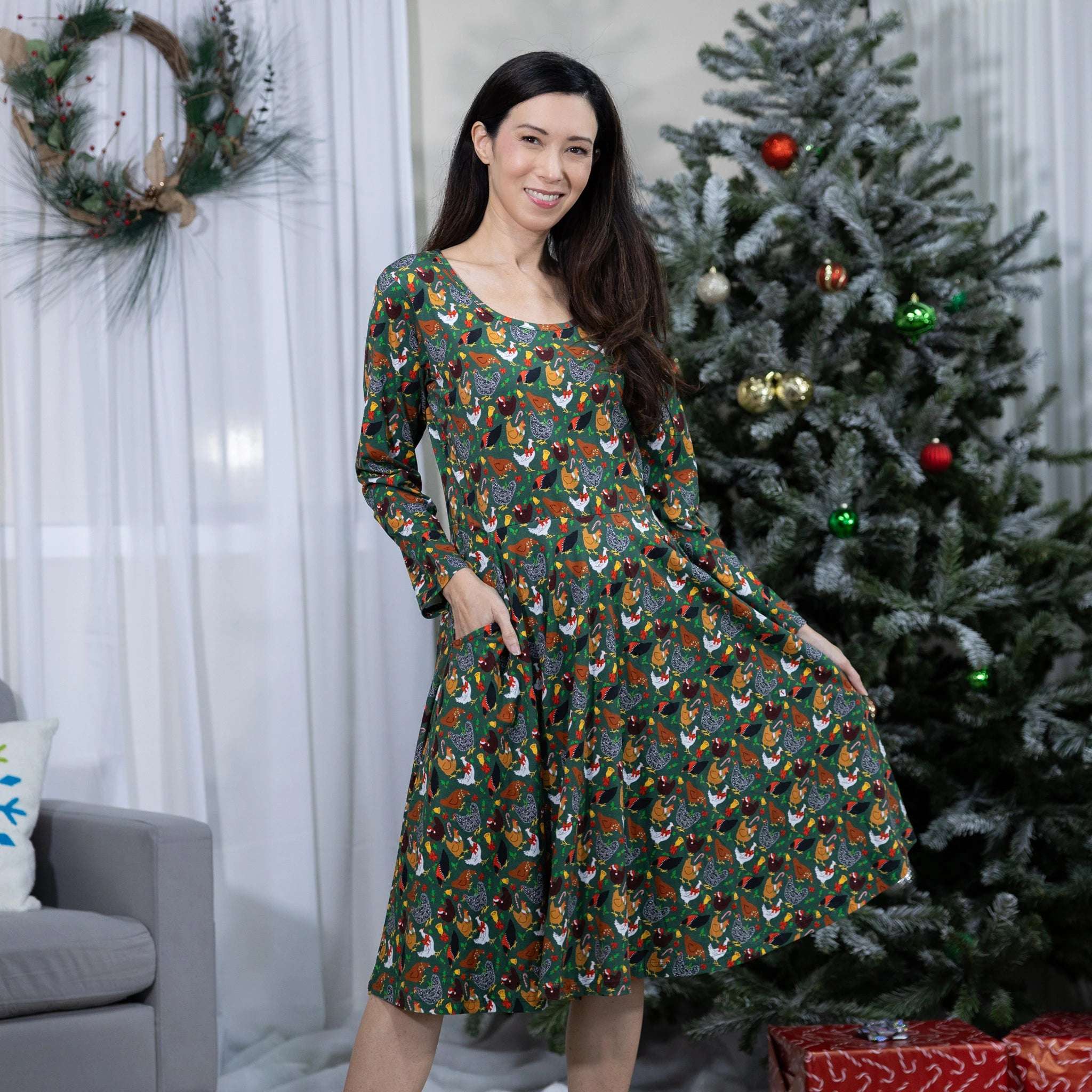 Christmas Chickens Long Sleeve Twirl Dress