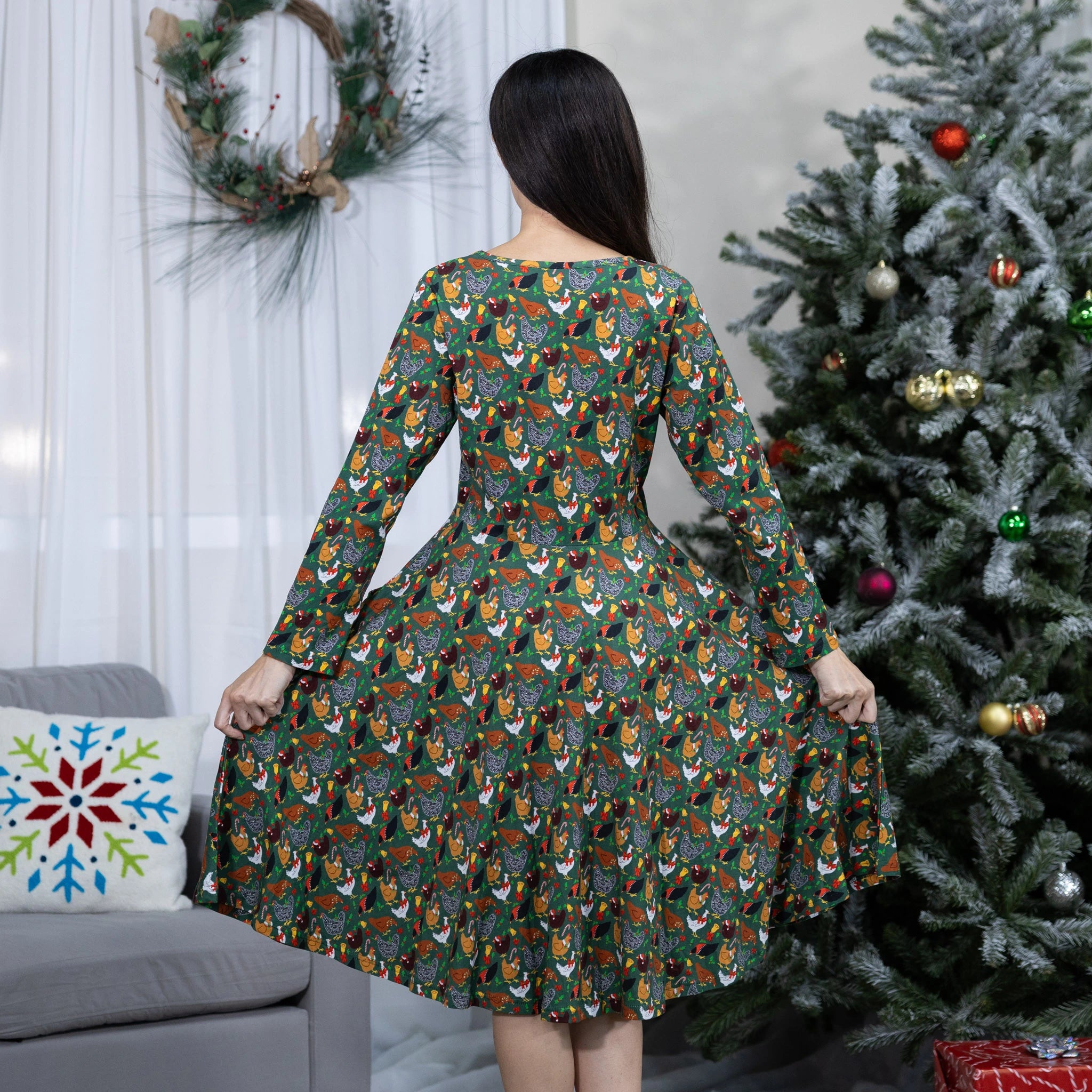 Christmas Chickens Long Sleeve Twirl Dress