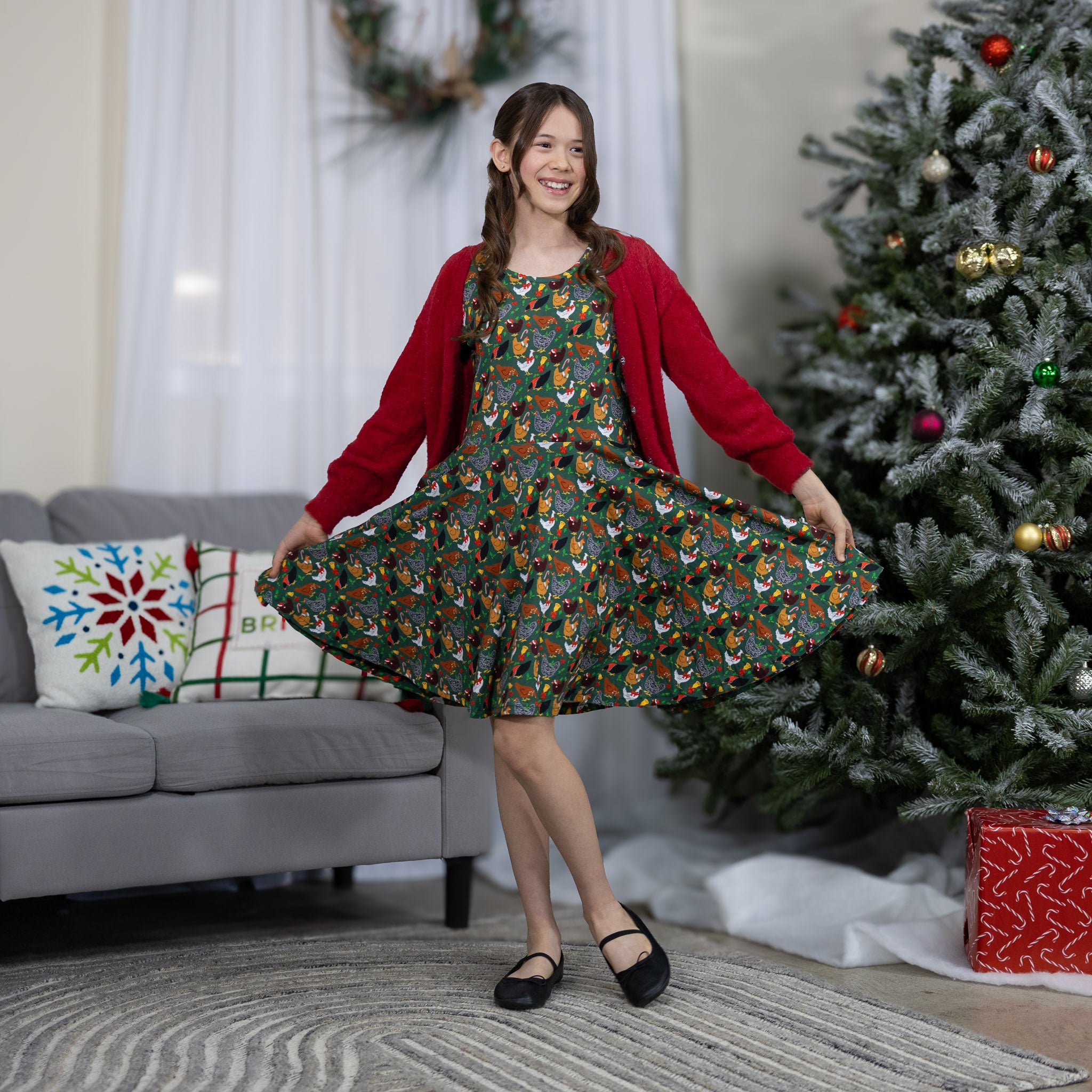 Christmas Chickens Long Sleeve Kids Twirl Dress