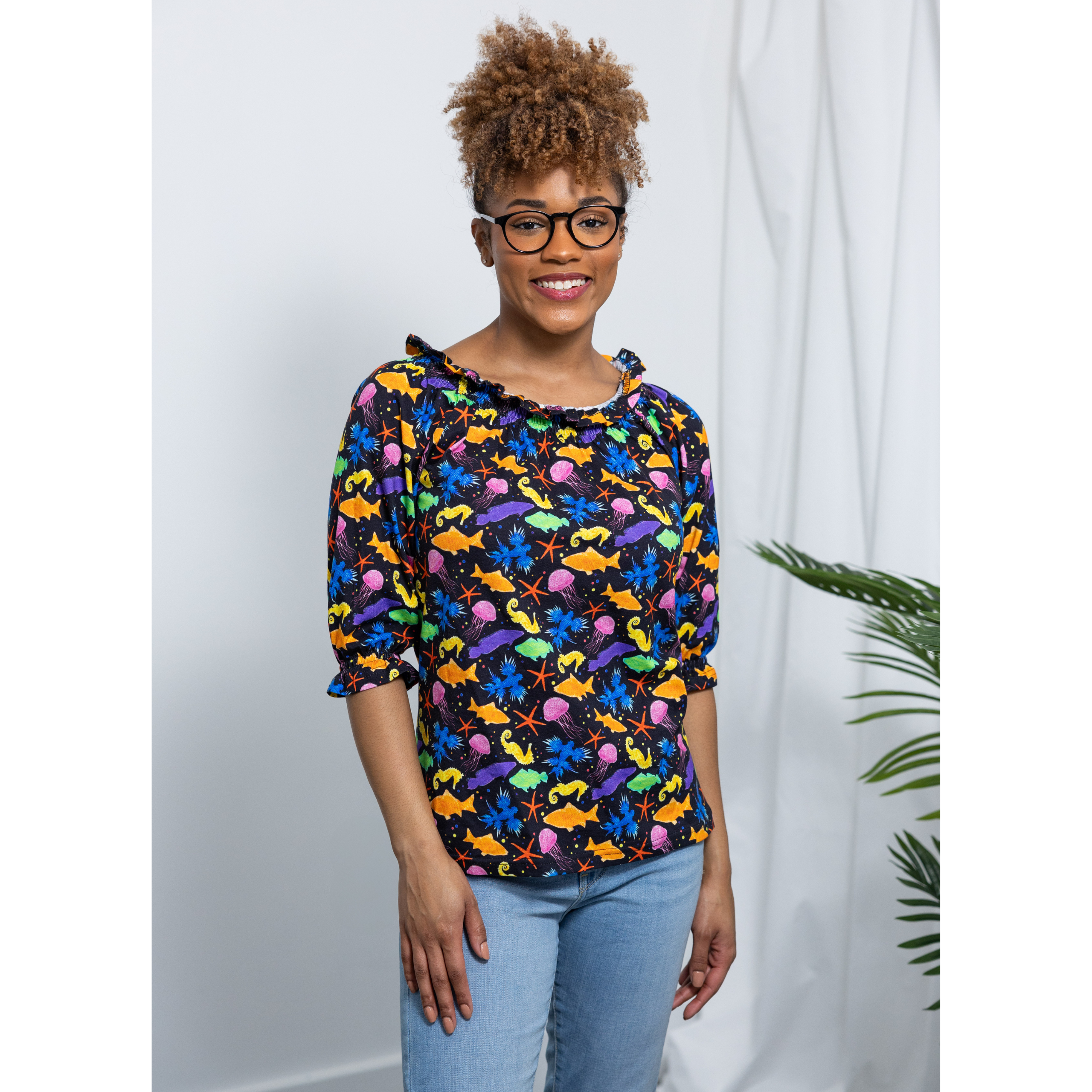 Colorful Sea 3/4th Sleeves Smocked Top