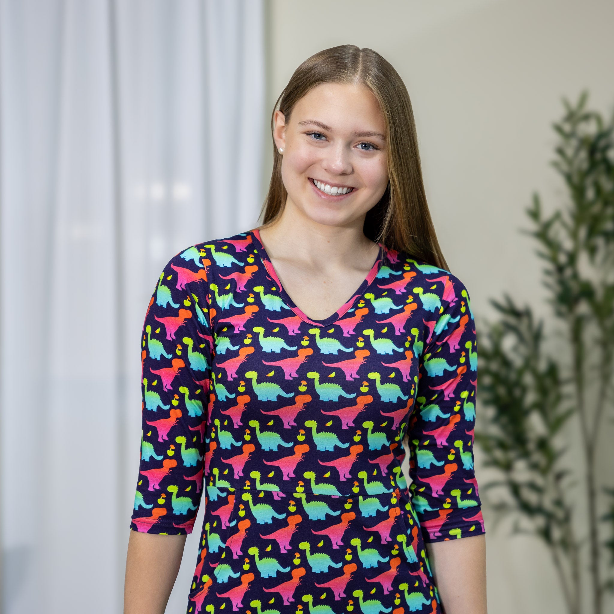 Colorful Dinosaurs 3/4th Sleeves A-Line Midi Dress (With Waist Seam)