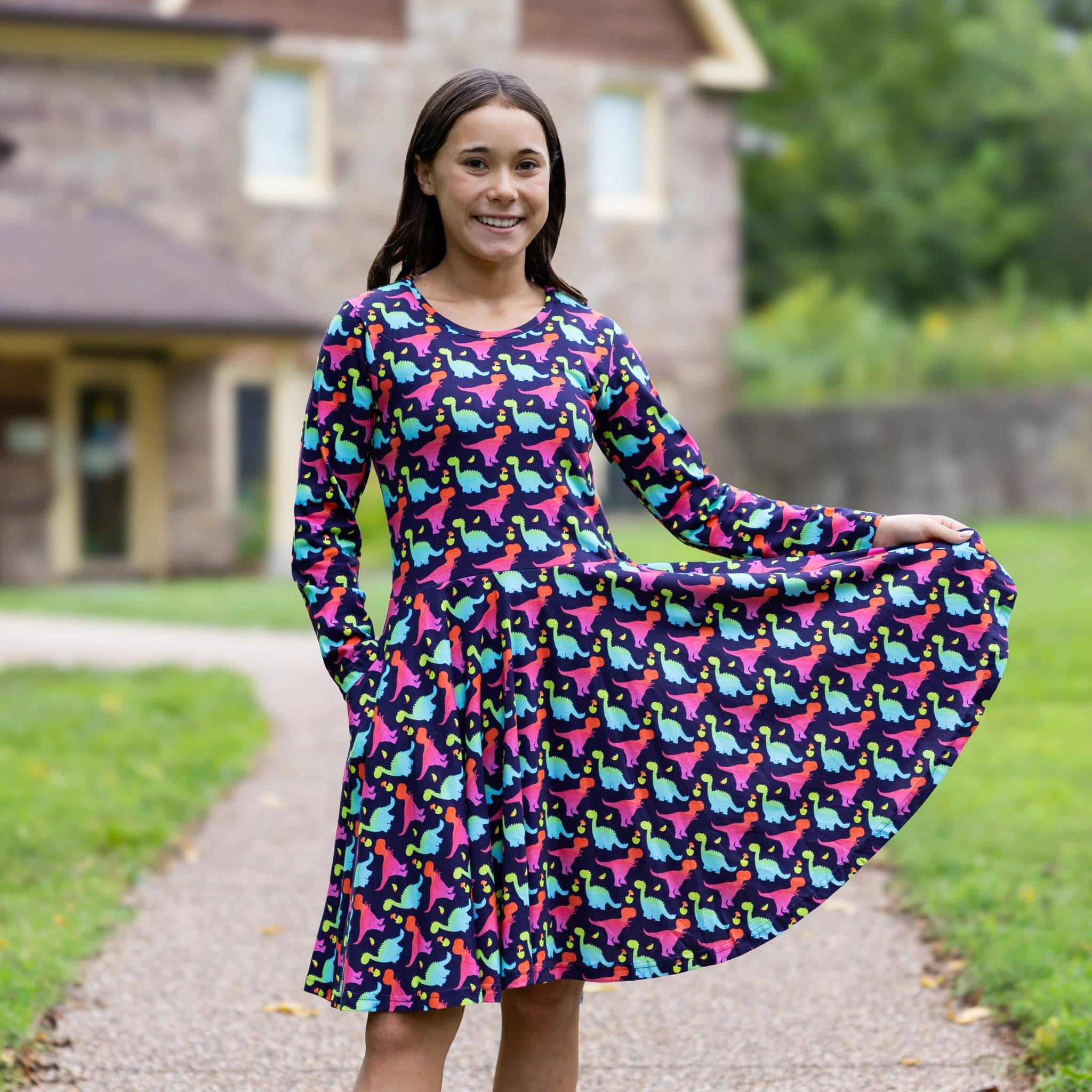Colorful Dinosaurs Long Sleeve Kids Twirl Dress