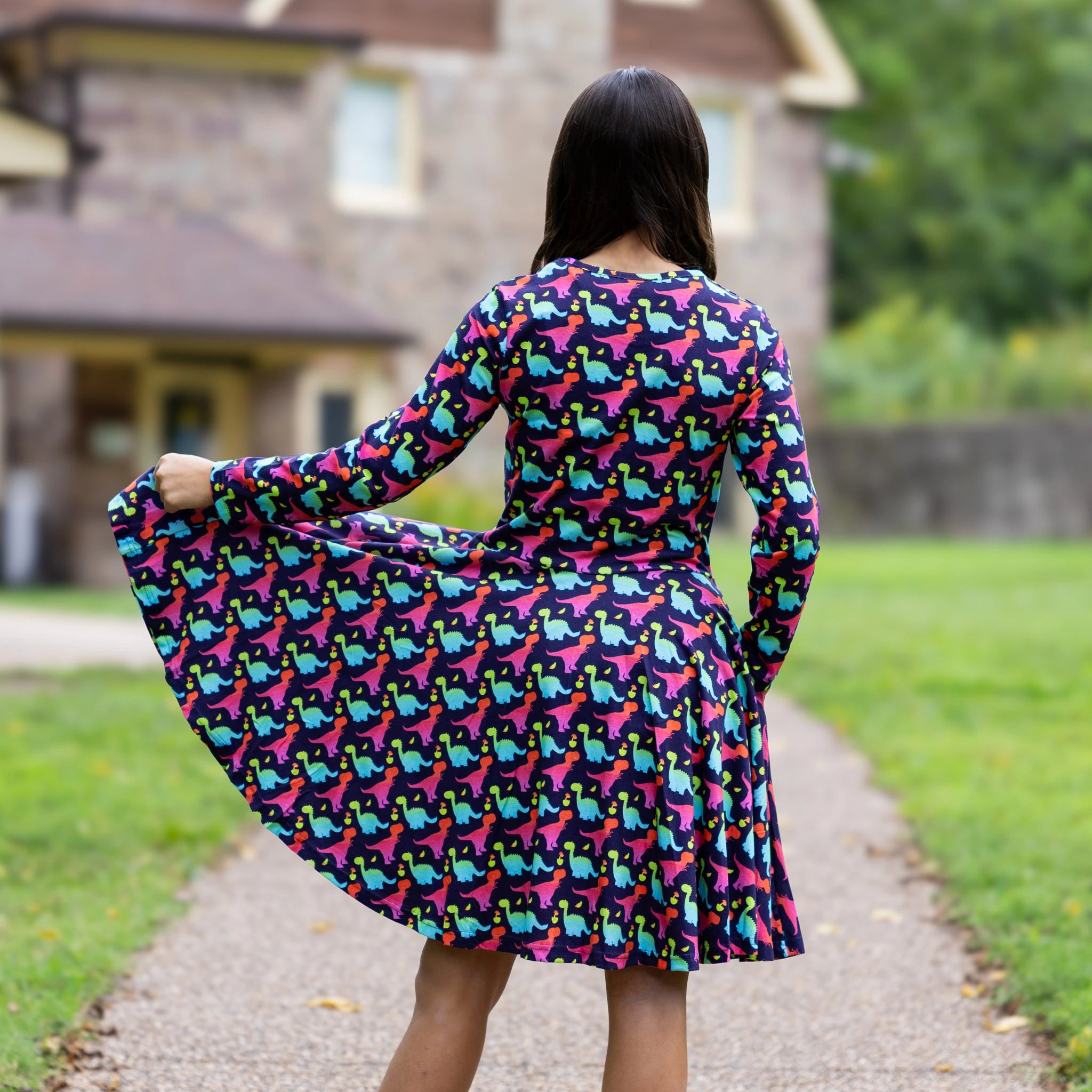 Colorful Dinosaurs Long Sleeve Kids Twirl Dress