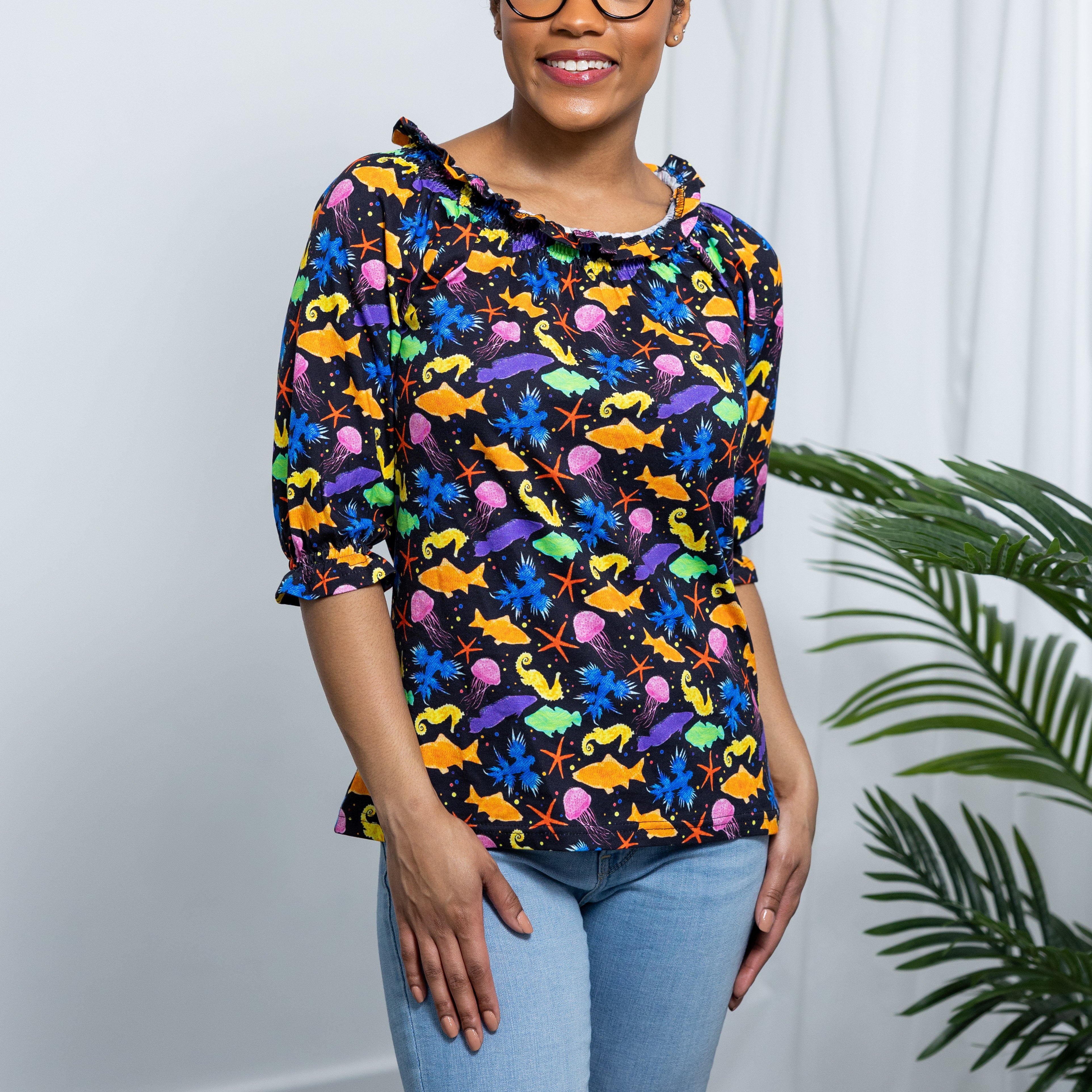 Colorful Sea 3/4th Sleeves Smocked Top