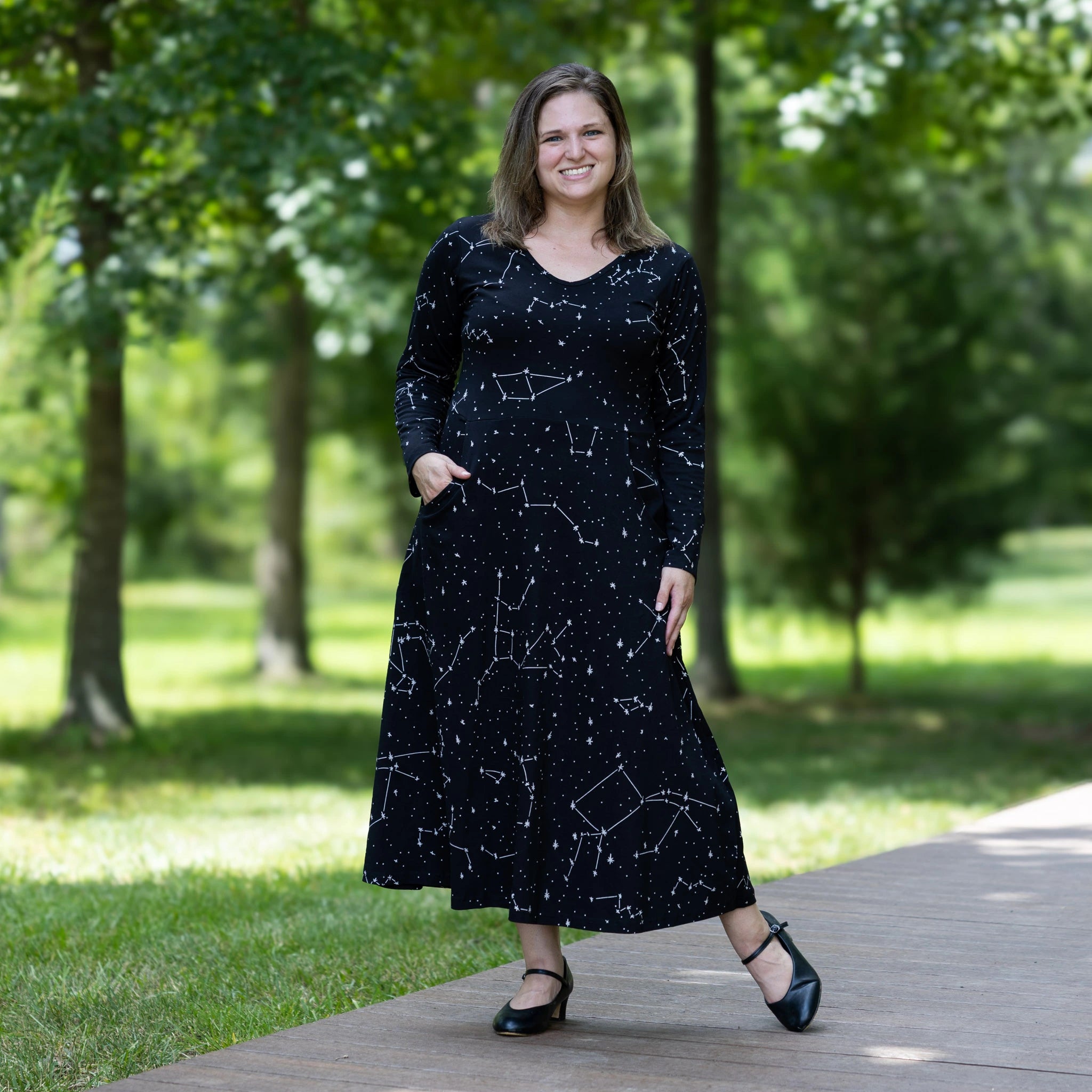 Constellations Glow-in-the-dark Long Sleeves Midi Dress (With Waist Seam)