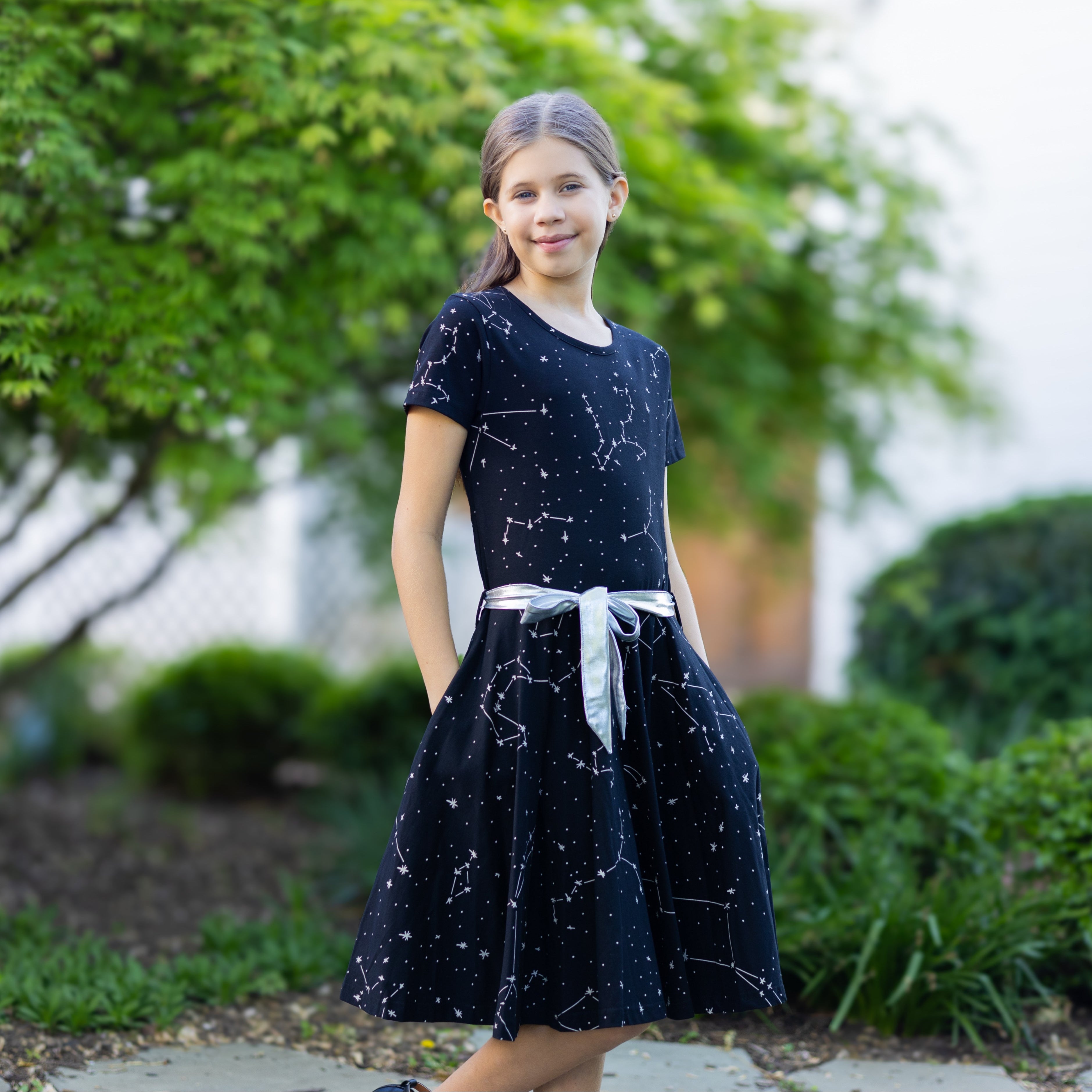 Constellations Glow-in-the-Dark Short Sleeve Kids Twirl Dress