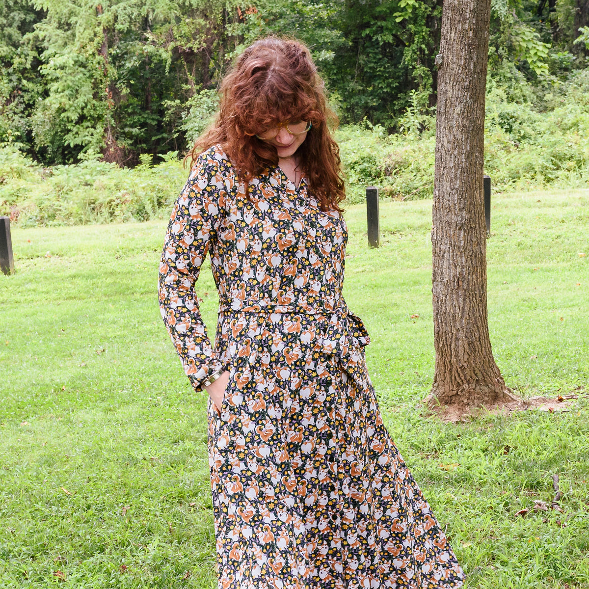 Corgi Steed Button-Up Midi Dress with Pockets