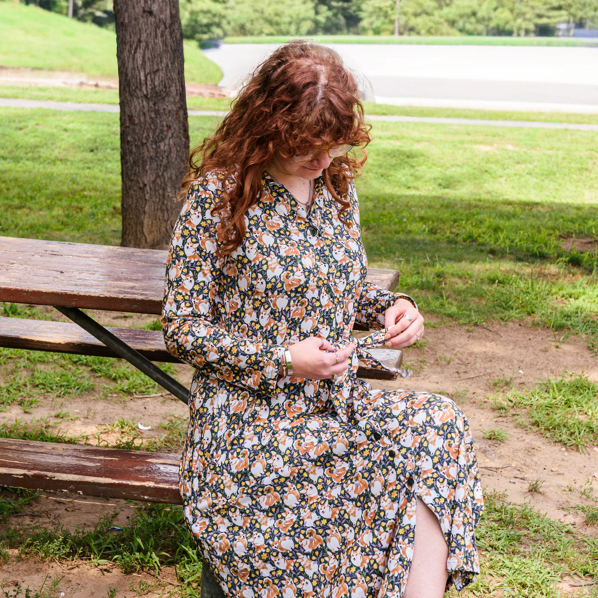 Corgi Steed Button-Up Midi Dress with Pockets