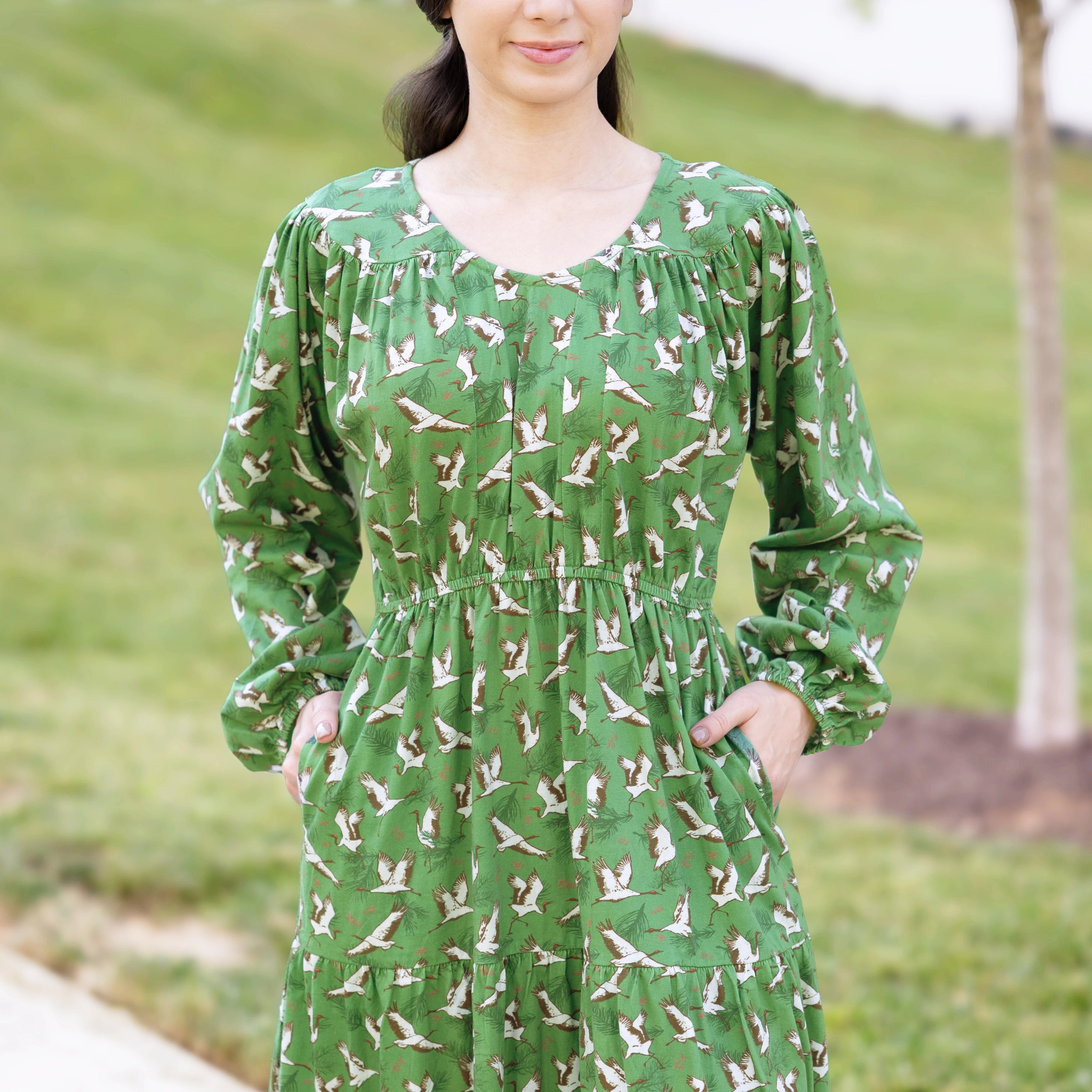 Cranes Long Sleeve Midi Dress (With Waist Seam)