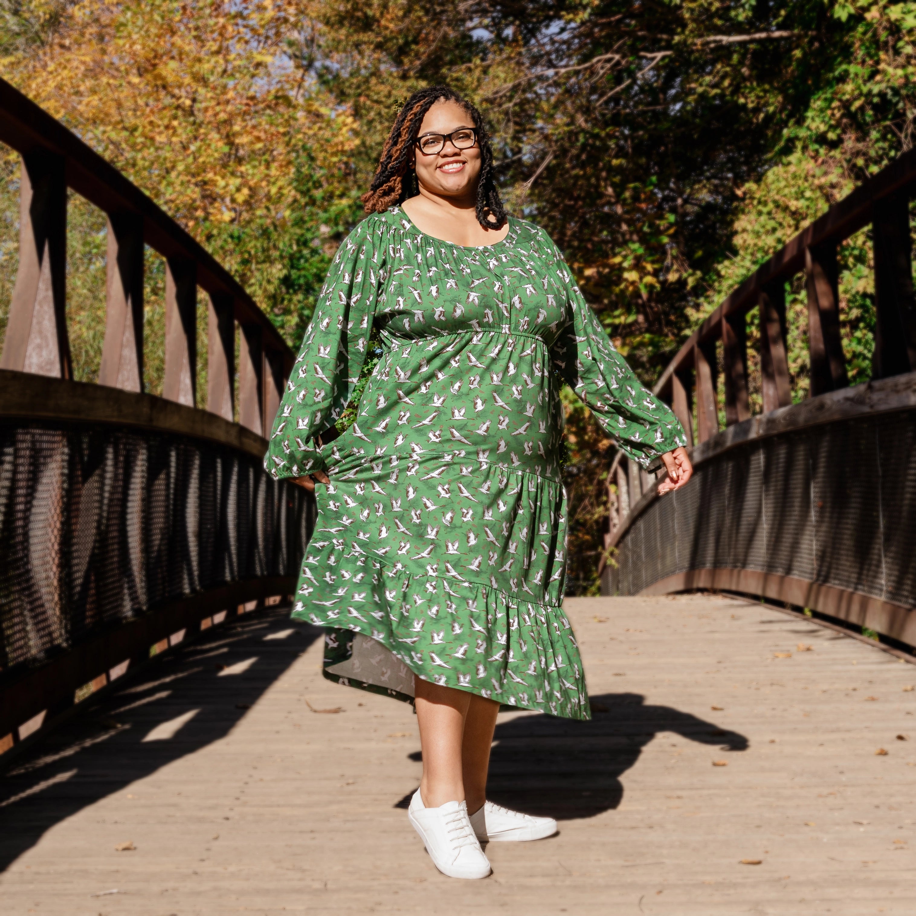 Cranes Long Sleeve Midi Dress (With Waist Seam)